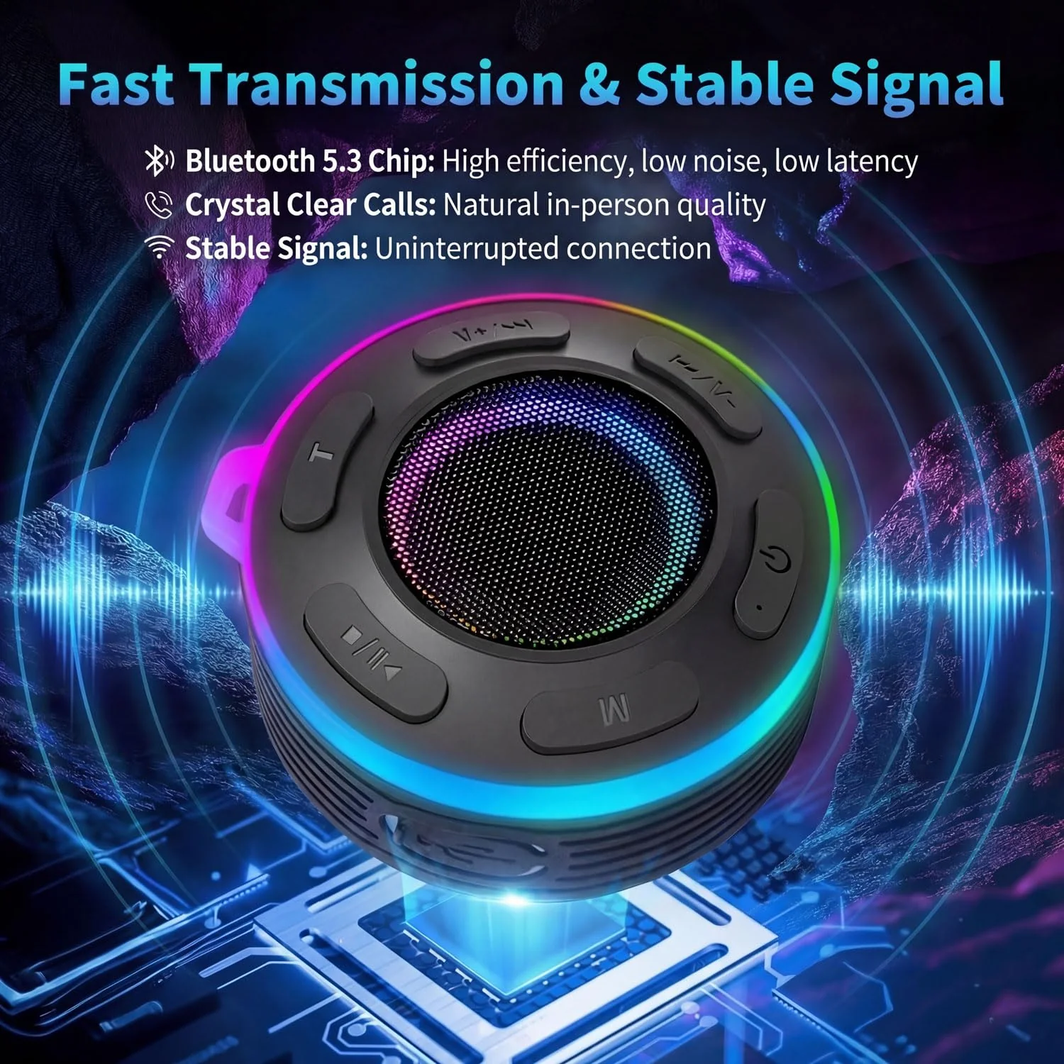 Portable Bluetooth Speaker with vibrant led lights, IPX6 Waterproof, Loud Stereo Sound,Hands-Free Calling/Radio, for Shower, Beach, Outdoors, Over 10 H Playtime, Mini/Small, Suction Cup & Hook - Image 5
