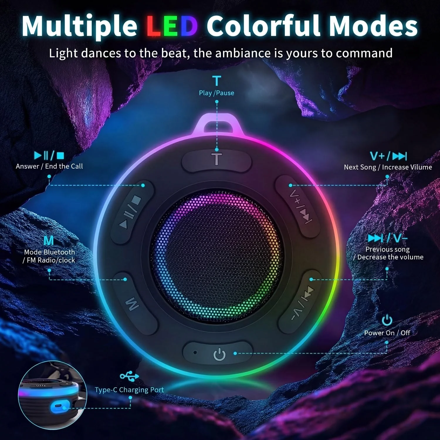 Portable Bluetooth Speaker with vibrant led lights, IPX6 Waterproof, Loud Stereo Sound,Hands-Free Calling/Radio, for Shower, Beach, Outdoors, Over 10 H Playtime, Mini/Small, Suction Cup & Hook - Image 6