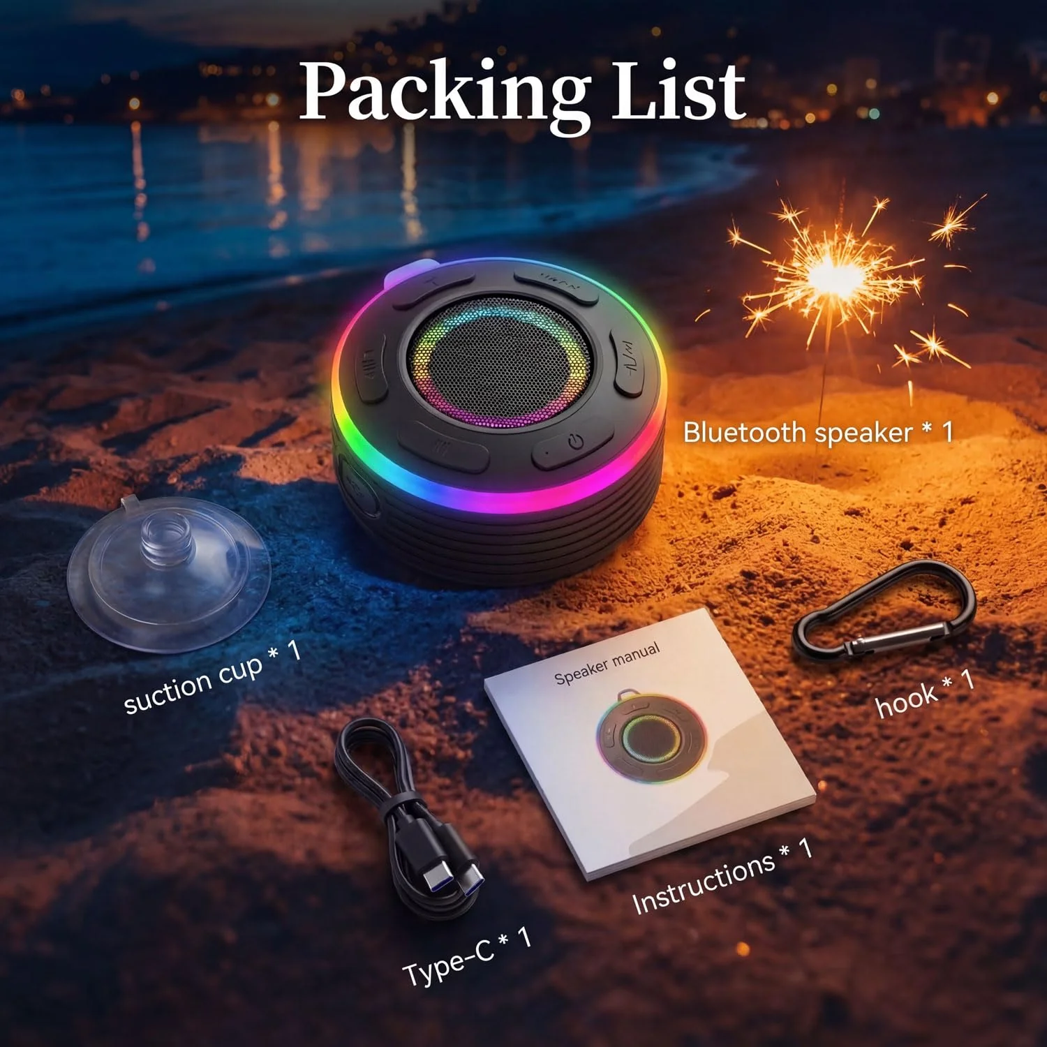 Portable Bluetooth Speaker with vibrant led lights, IPX6 Waterproof, Loud Stereo Sound,Hands-Free Calling/Radio, for Shower, Beach, Outdoors, Over 10 H Playtime, Mini/Small, Suction Cup & Hook - Image 7