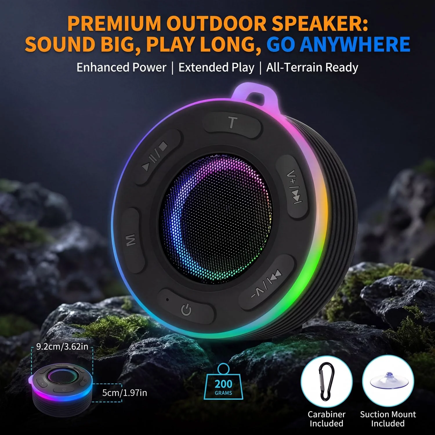 Portable Bluetooth Speaker with vibrant led lights, IPX6 Waterproof, Loud Stereo Sound,Hands-Free Calling/Radio, for Shower, Beach, Outdoors, Over 10 H Playtime, Mini/Small, Suction Cup & Hook - Image 8