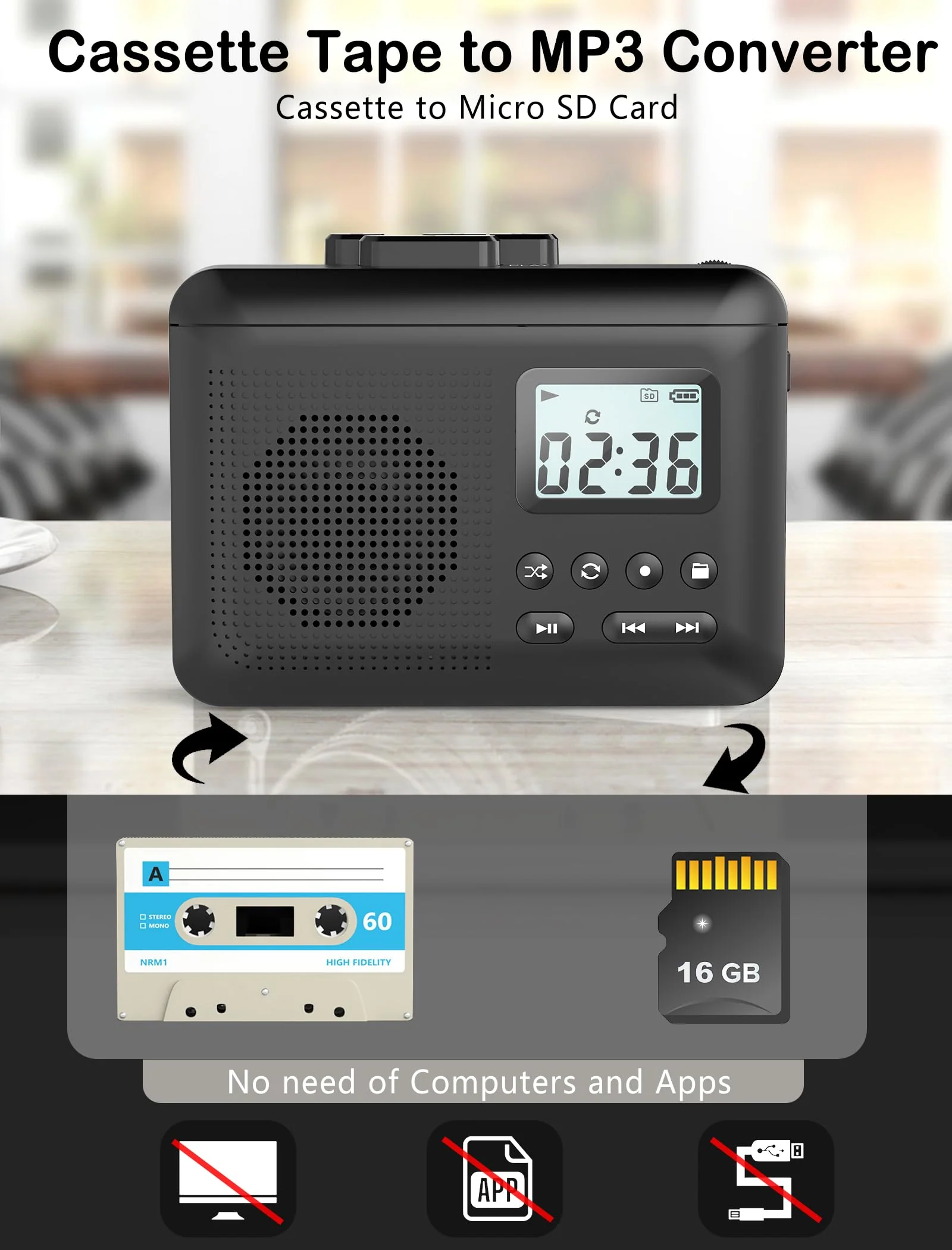 Portable Cassette Player,Cassette to MP3 via SD Card, Walkman Cassette Tape Player with 1000mah Rechargeable Battery,Built-in Microphone&Speaker,Headphone Jack,16GB SD Card(Black) Black - Image 2