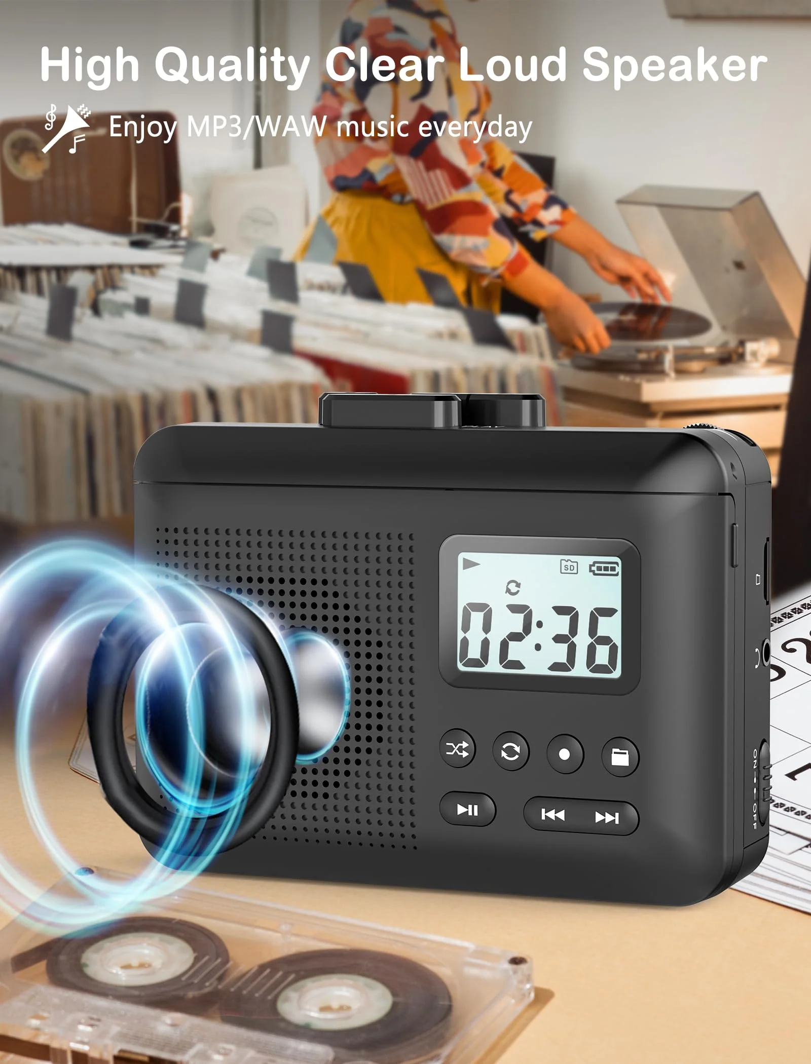 Portable Cassette Player,Cassette to MP3 via SD Card, Walkman Cassette Tape Player with 1000mah Rechargeable Battery,Built-in Microphone&Speaker,Headphone Jack,16GB SD Card(Black) Black - Image 5