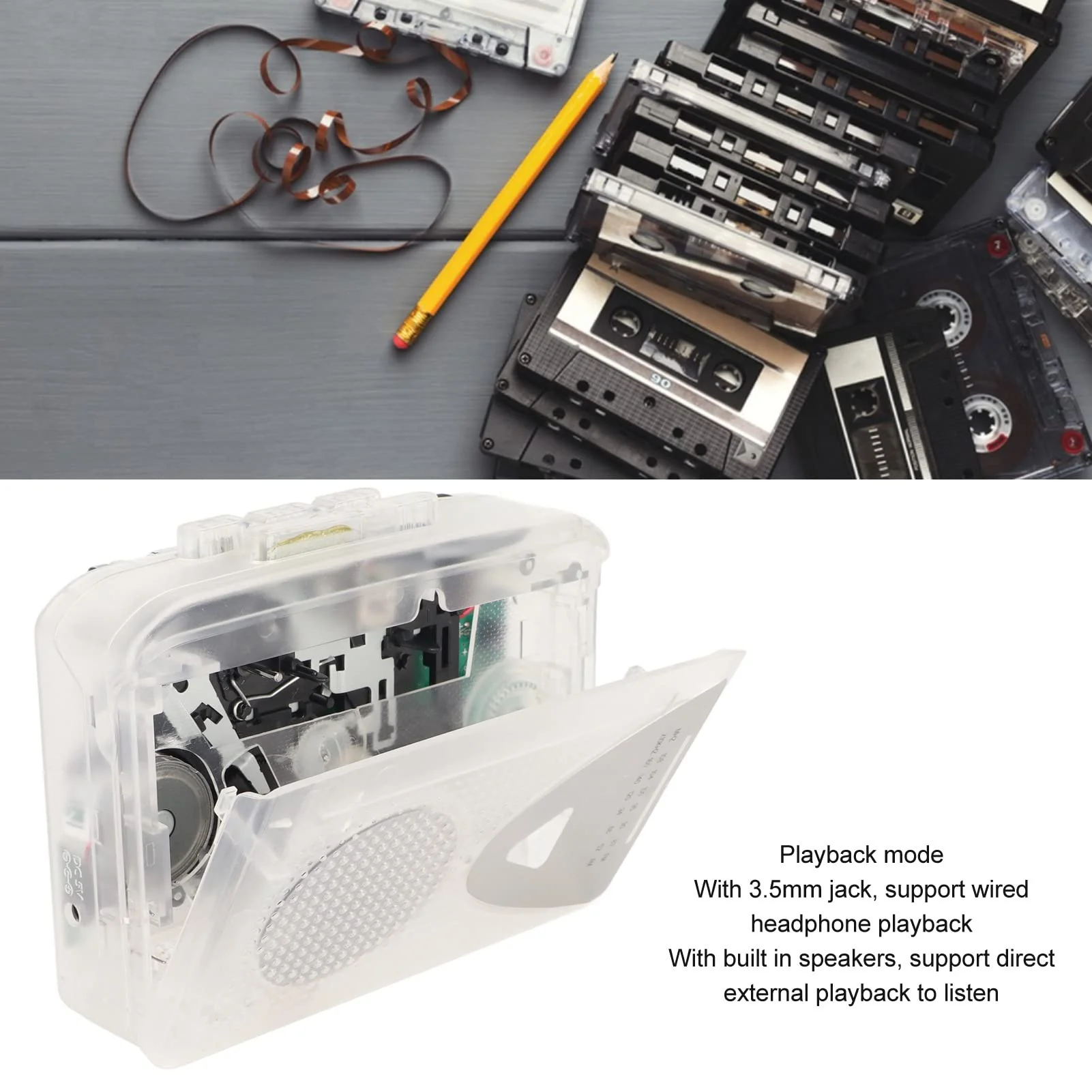 Portable Cassette Player, FM AM Radio Stereo Cassette MP3 Tape Player with 3.5mm Jack and Speaker Support Battery Power and USB Power for Daily (Transparent) Transparent - Image 2