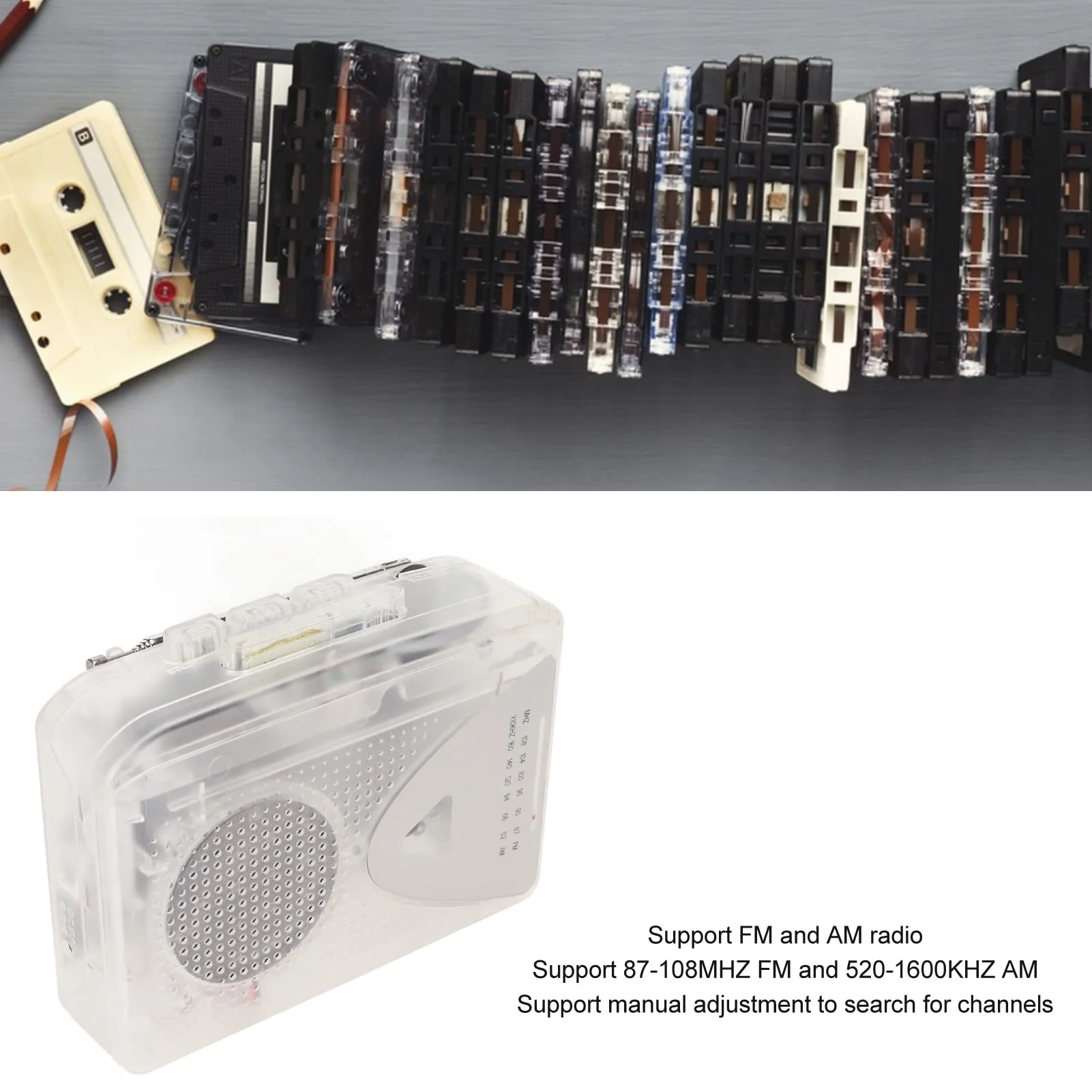 Portable Cassette Player, FM AM Radio Stereo Cassette MP3 Tape Player with 3.5mm Jack and Speaker Support Battery Power and USB Power for Daily (Transparent) Transparent - Image 4