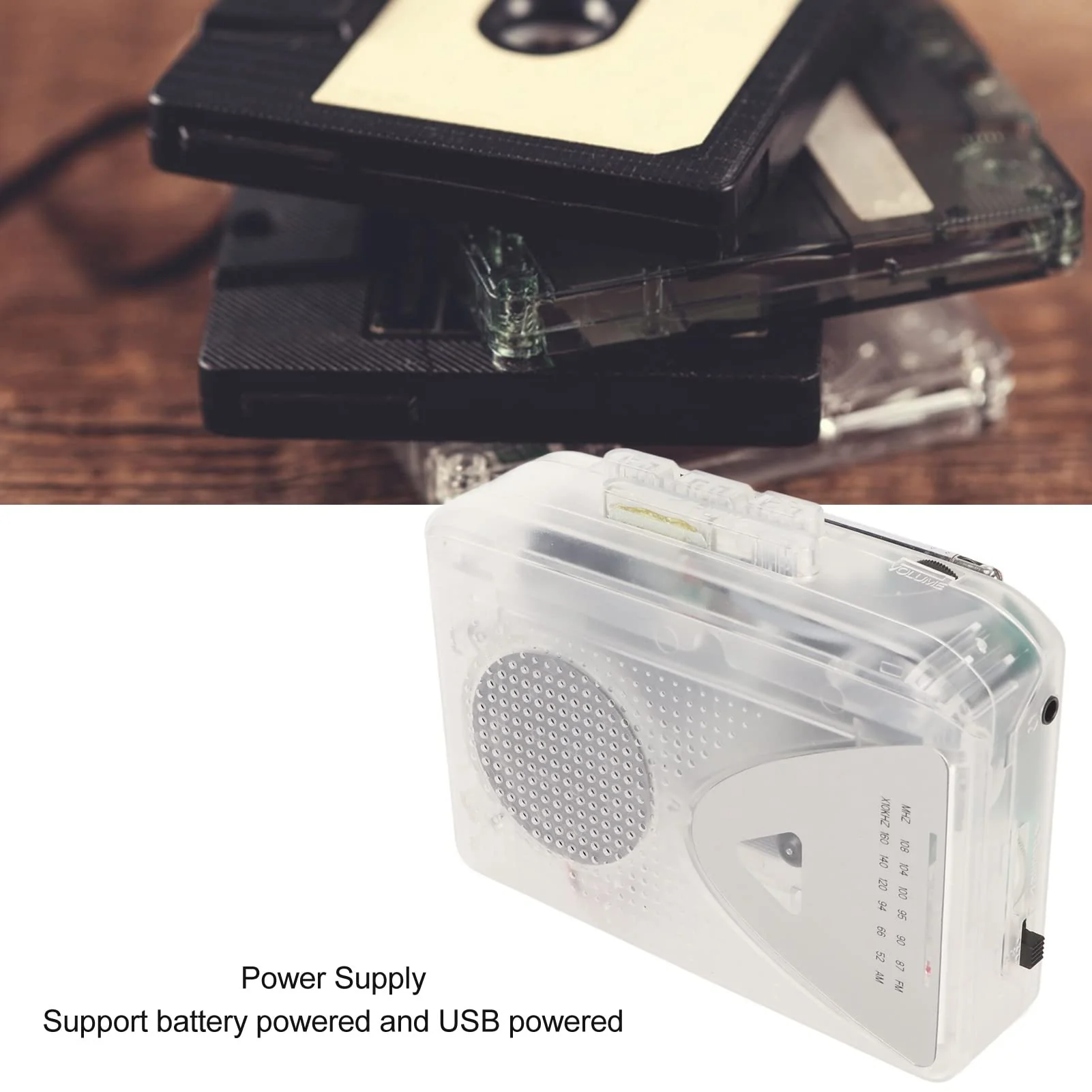 Portable Cassette Player, FM AM Radio Stereo Cassette MP3 Tape Player with 3.5mm Jack and Speaker Support Battery Power and USB Power for Daily (Transparent) Transparent - Image 5