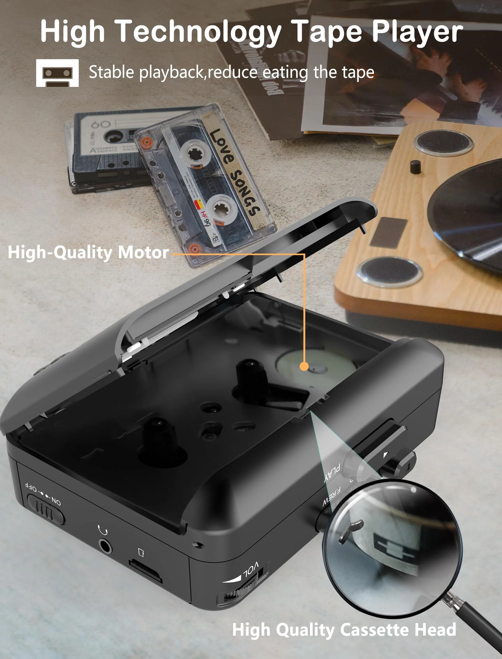 Portable Cassette Player Recorder Converter,Cassette to MP3 via SD Card, Walkman Cassette Tape Player with 1000mah Rechargeable Battery,Built-in Microphone&Speaker,Headphone Jack,16GB SD Card(Black) Black - Image 3