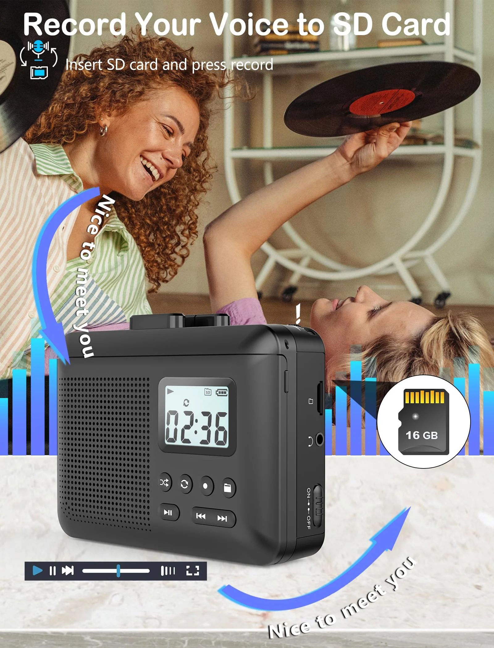 Portable Cassette Player Recorder Converter,Cassette to MP3 via SD Card, Walkman Cassette Tape Player with 1000mah Rechargeable Battery,Built-in Microphone&Speaker,Headphone Jack,16GB SD Card(Black) Black - Image 4
