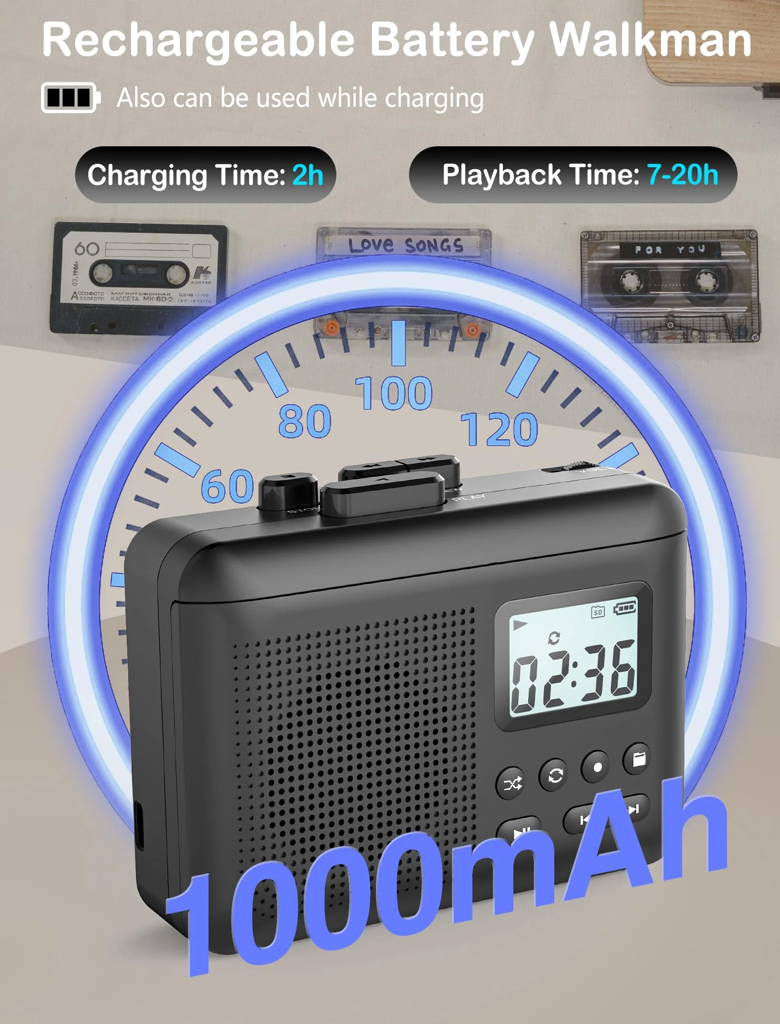 Portable Cassette Player Recorder Converter,Cassette to MP3 via SD Card, Walkman Cassette Tape Player with 1000mah Rechargeable Battery,Built-in Microphone&Speaker,Headphone Jack,16GB SD Card(Black) Black - Image 7