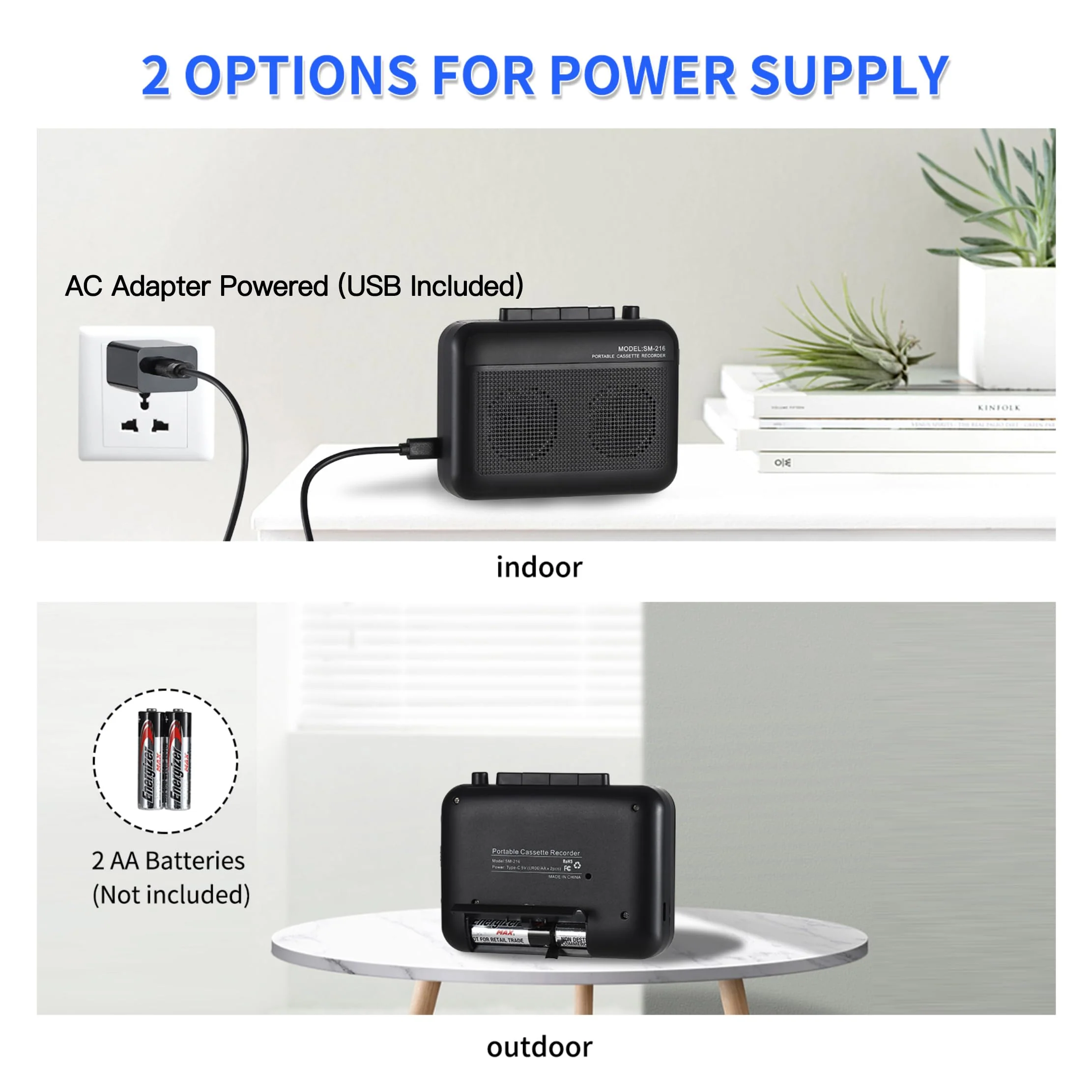 Portable Cassette Player Recorder with Bluetooth Transmitter, Small Cassette Tape Player with Headphone Jack, Build-in Speaker, Microphone Jack, Powered by AC Adapter or AA Battery- Black - Image 2