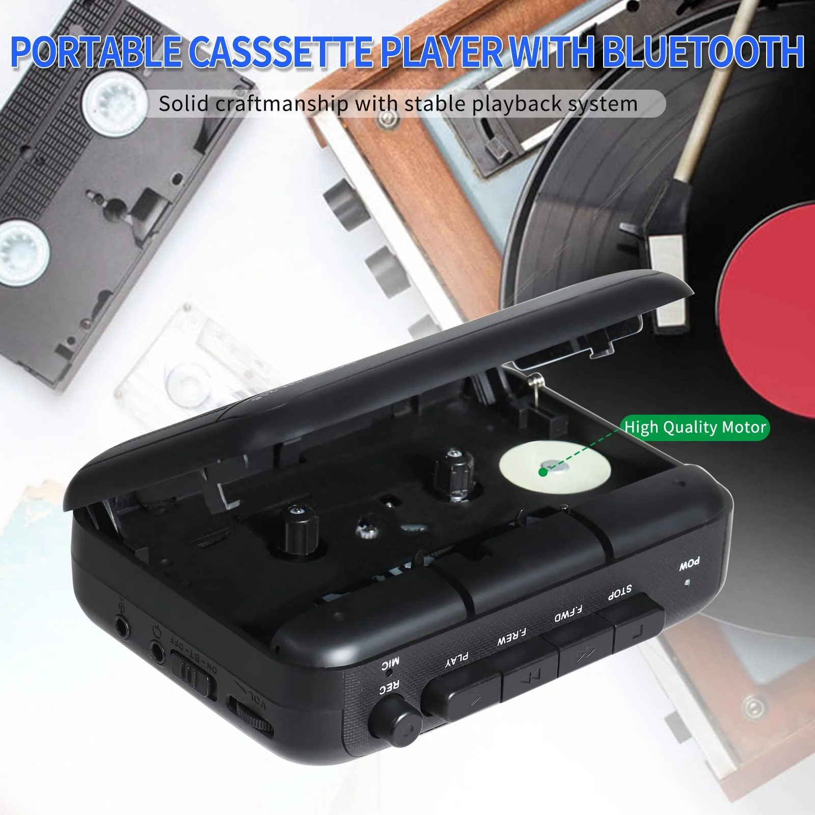 Portable Cassette Player Recorder with Bluetooth Transmitter, Small Cassette Tape Player with Headphone Jack, Build-in Speaker, Microphone Jack, Powered by AC Adapter or AA Battery- Black - Image 5