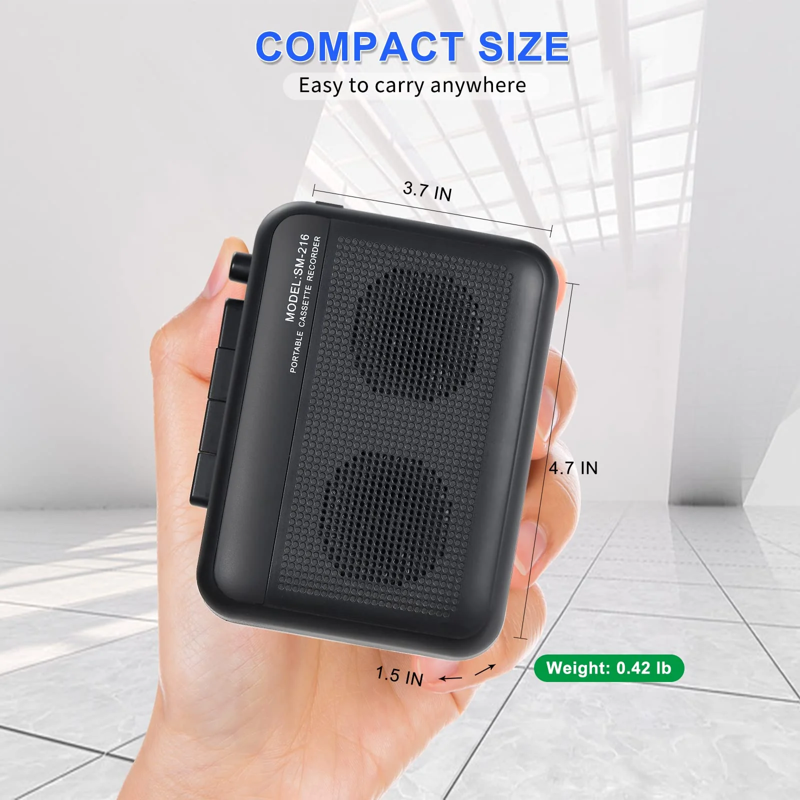 Portable Cassette Player Recorder with Bluetooth Transmitter, Small Cassette Tape Player with Headphone Jack, Build-in Speaker, Microphone Jack, Powered by AC Adapter or AA Battery- Black - Image 7