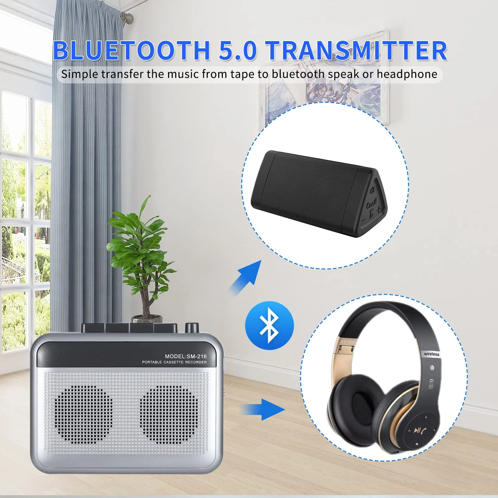 Portable Cassette Player Recorder with Bluetooth Transmitter, Walkman Cassette Tape Player with Headphone Jack, Build-in Speaker, Microphone Jack, Powered by AC Adapter or AA Battery Sliver - Image 3