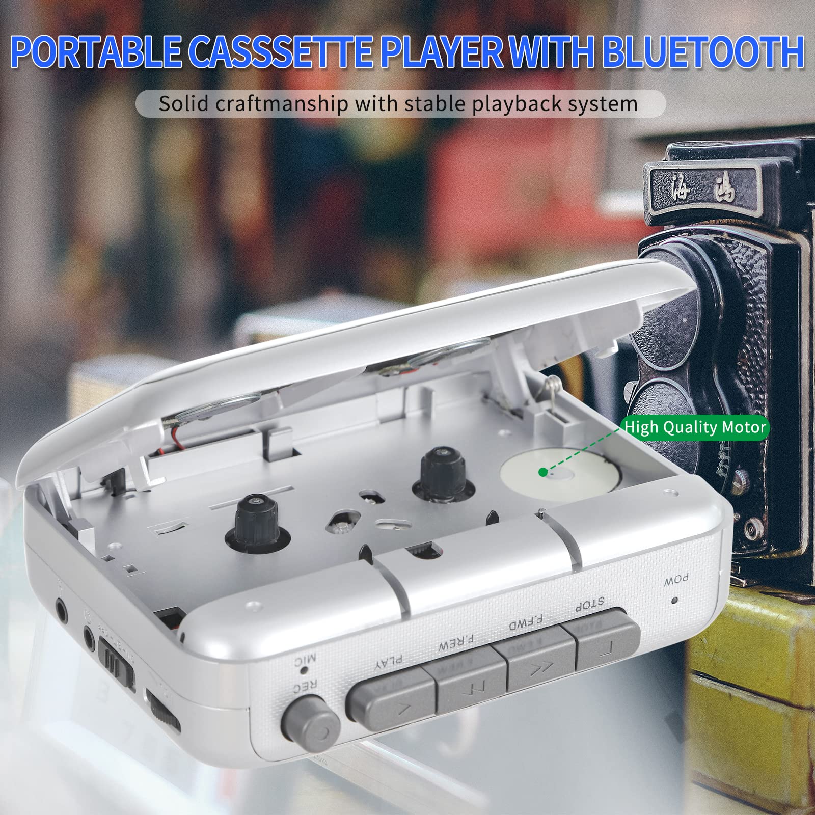 Portable Cassette Player Recorder with Bluetooth Transmitter, Walkman Cassette Tape Player with Headphone Jack, Build-in Speaker, Microphone Jack, Powered by AC Adapter or AA Battery Sliver - Image 5