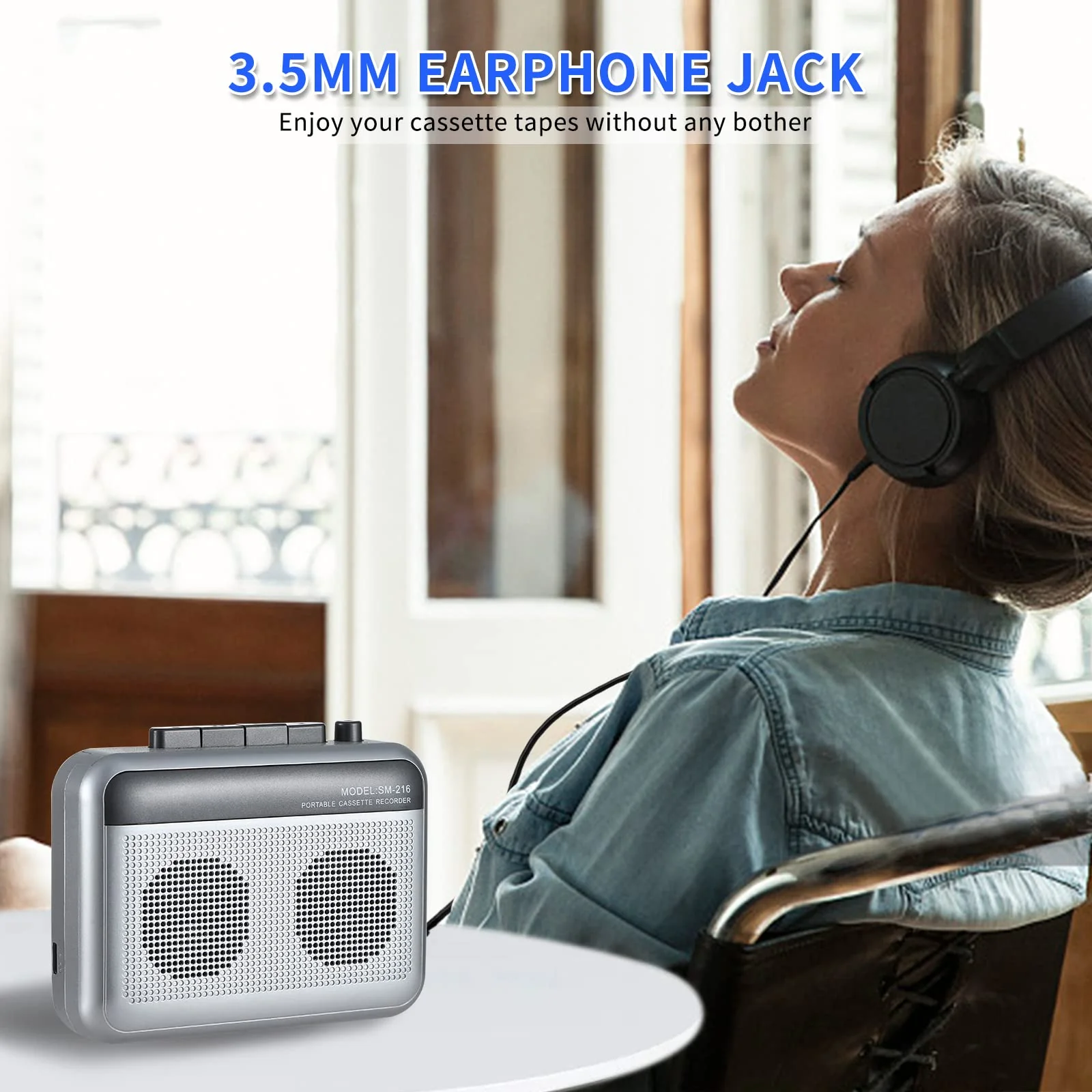 Portable Cassette Player Recorder with Bluetooth Transmitter, Walkman Cassette Tape Player with Headphone Jack, Build-in Speaker, Microphone Jack, Powered by AC Adapter or AA Battery Sliver - Image 6