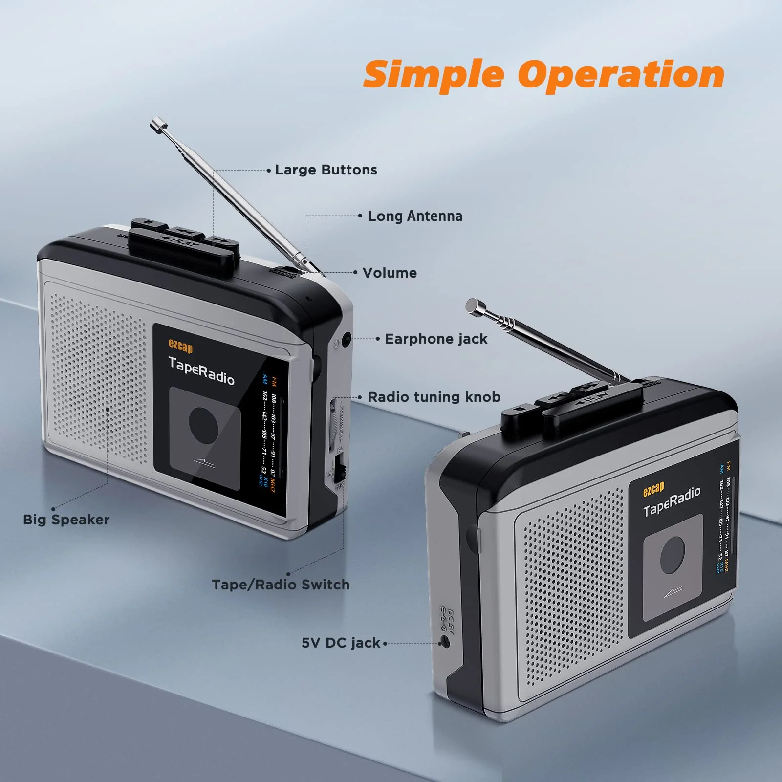 Portable Cassette Players, AM FM Radio Walkman Cassette Player, Built-in Speaker, 2AA Battery or USB Power Supply - Image 2