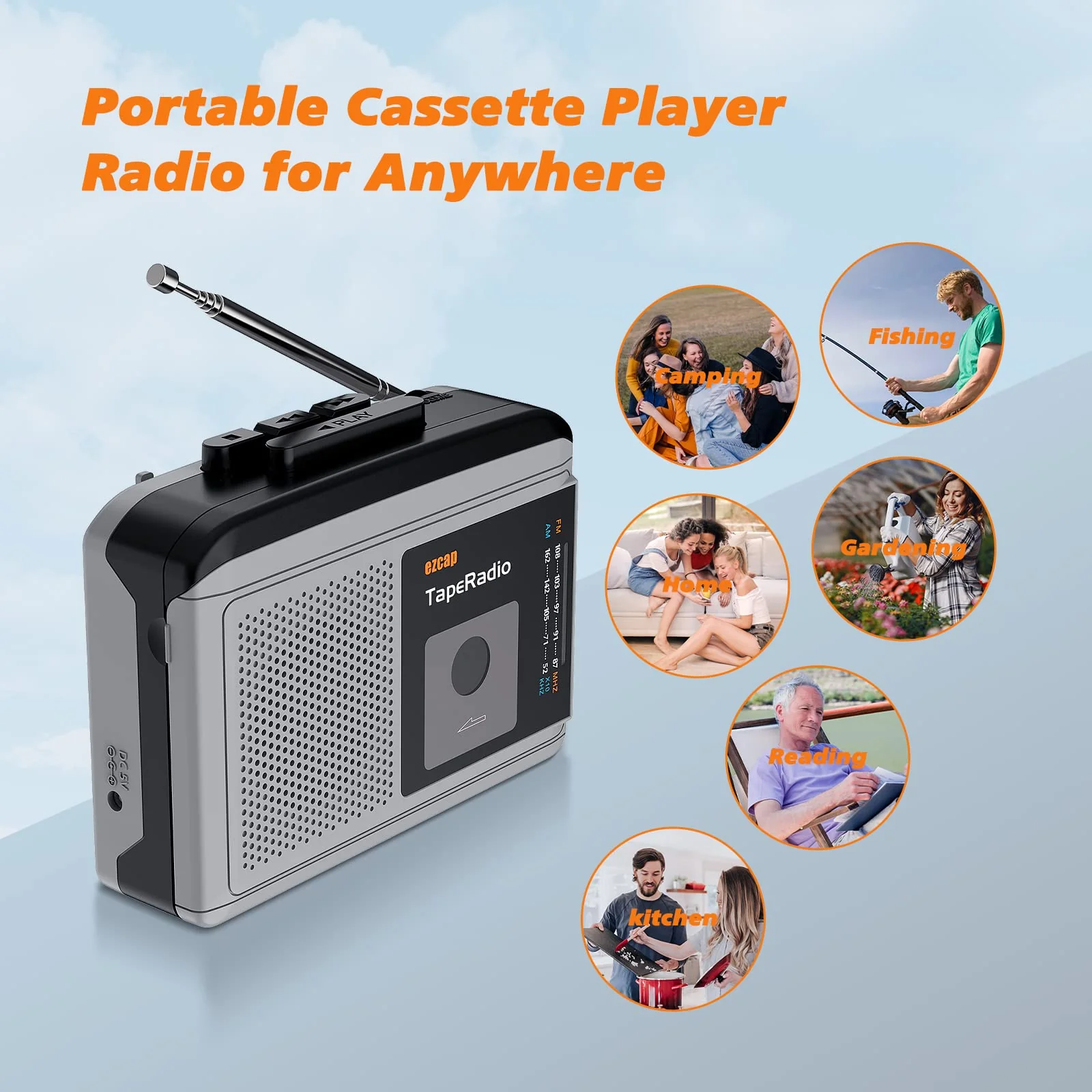 Portable Cassette Players, AM FM Radio Walkman Cassette Player, Built-in Speaker, 2AA Battery or USB Power Supply - Image 7