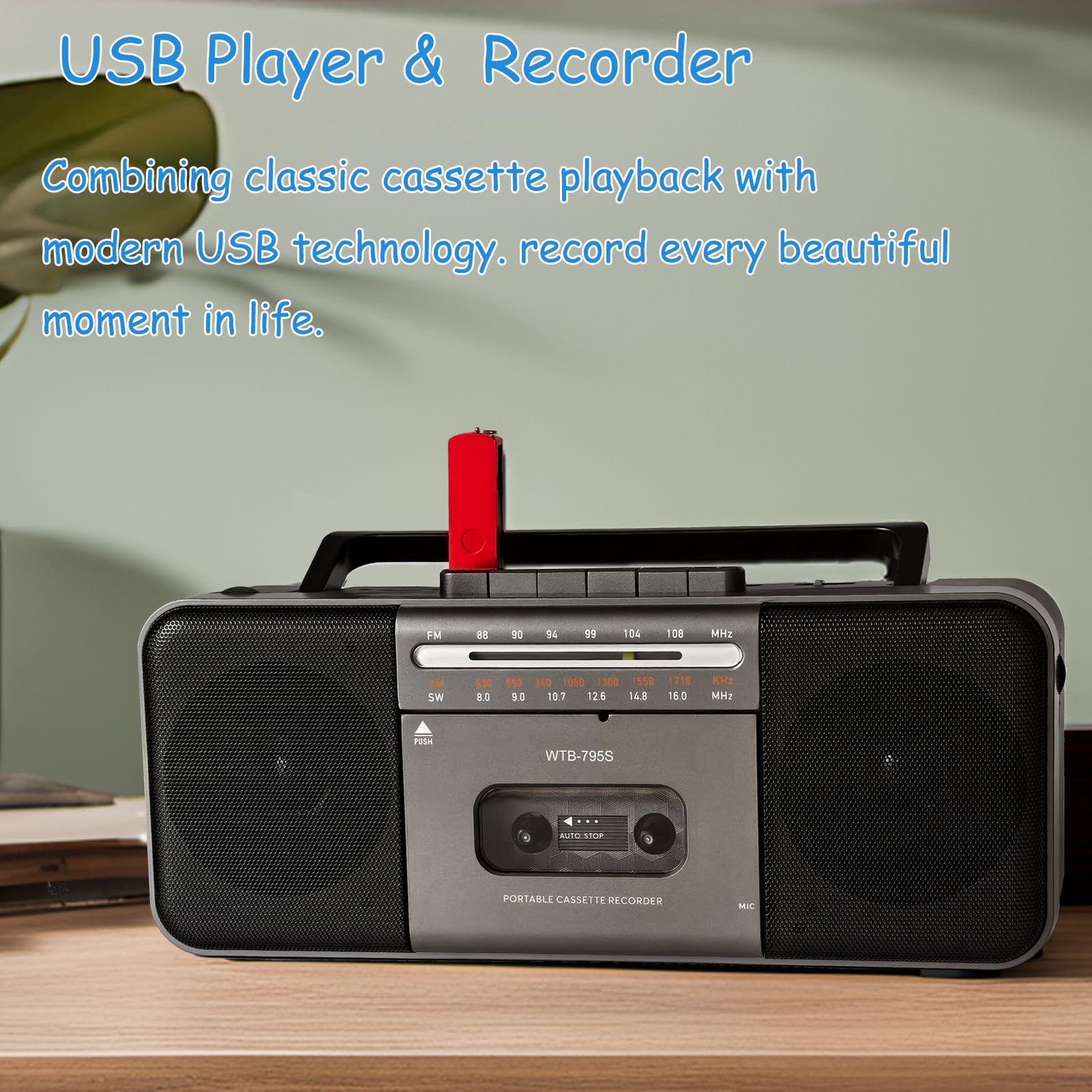 Portable Cassette Tape Player Recorder,AM/FM/SW Radio Stereo with Bluetooth,USB/SD, Big 10W Speaker,Record to Cassette/U Disk/SD Card via Mic, MP3 Converter, Earphone Jack,AC/DC Powered Black - Image 4