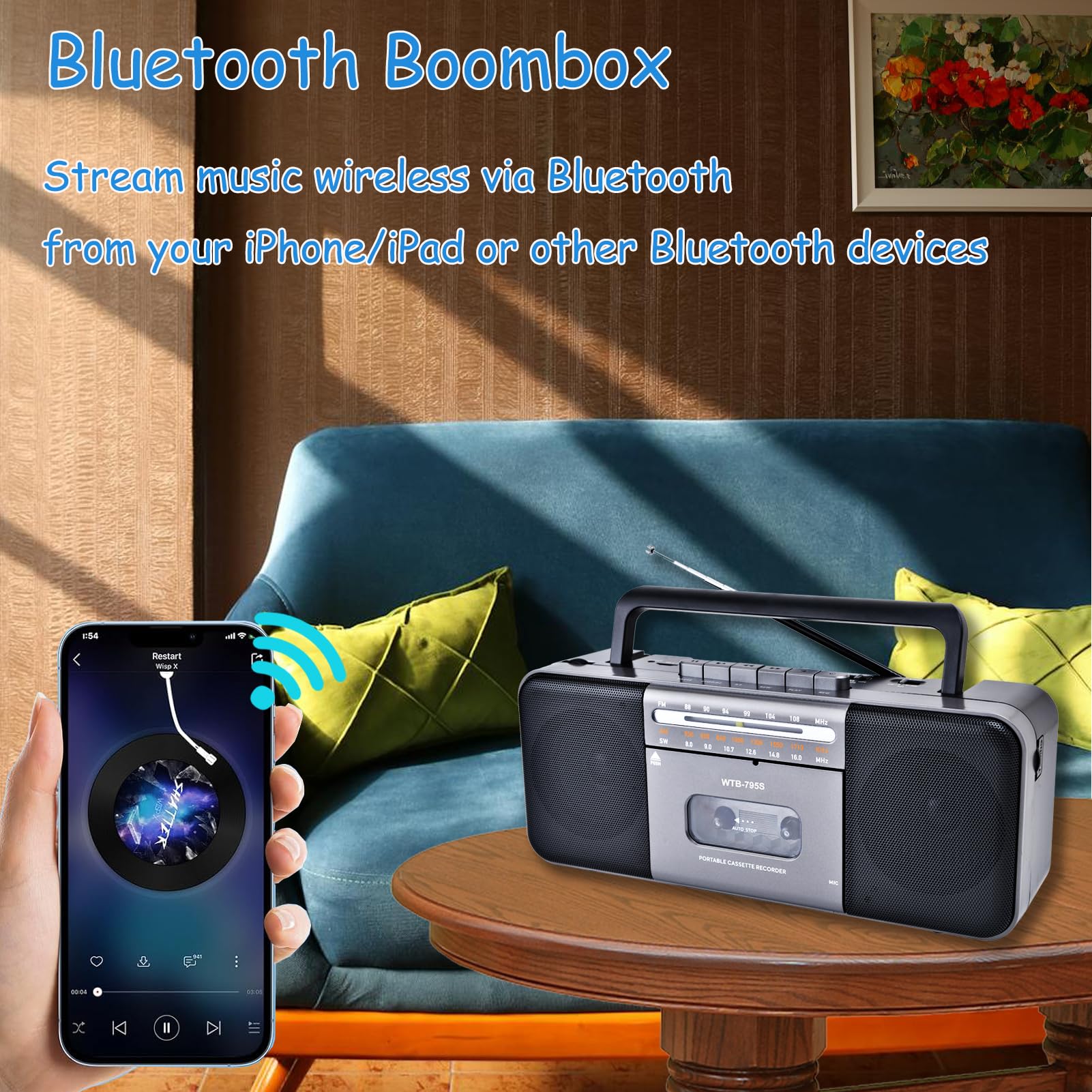 Portable Cassette Tape Player Recorder,AM/FM/SW Radio Stereo with Bluetooth,USB/SD, Big 10W Speaker,Record to Cassette/U Disk/SD Card via Mic, MP3 Converter, Earphone Jack,AC/DC Powered Black - Image 6