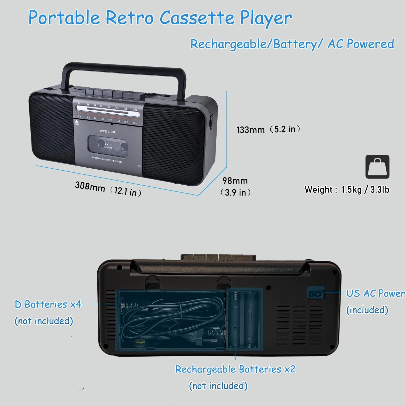 Portable Cassette Tape Player Recorder,AM/FM/SW Radio Stereo with Bluetooth,USB/SD, Big 10W Speaker,Record to Cassette/U Disk/SD Card via Mic, MP3 Converter, Earphone Jack,AC/DC Powered Black - Image 9