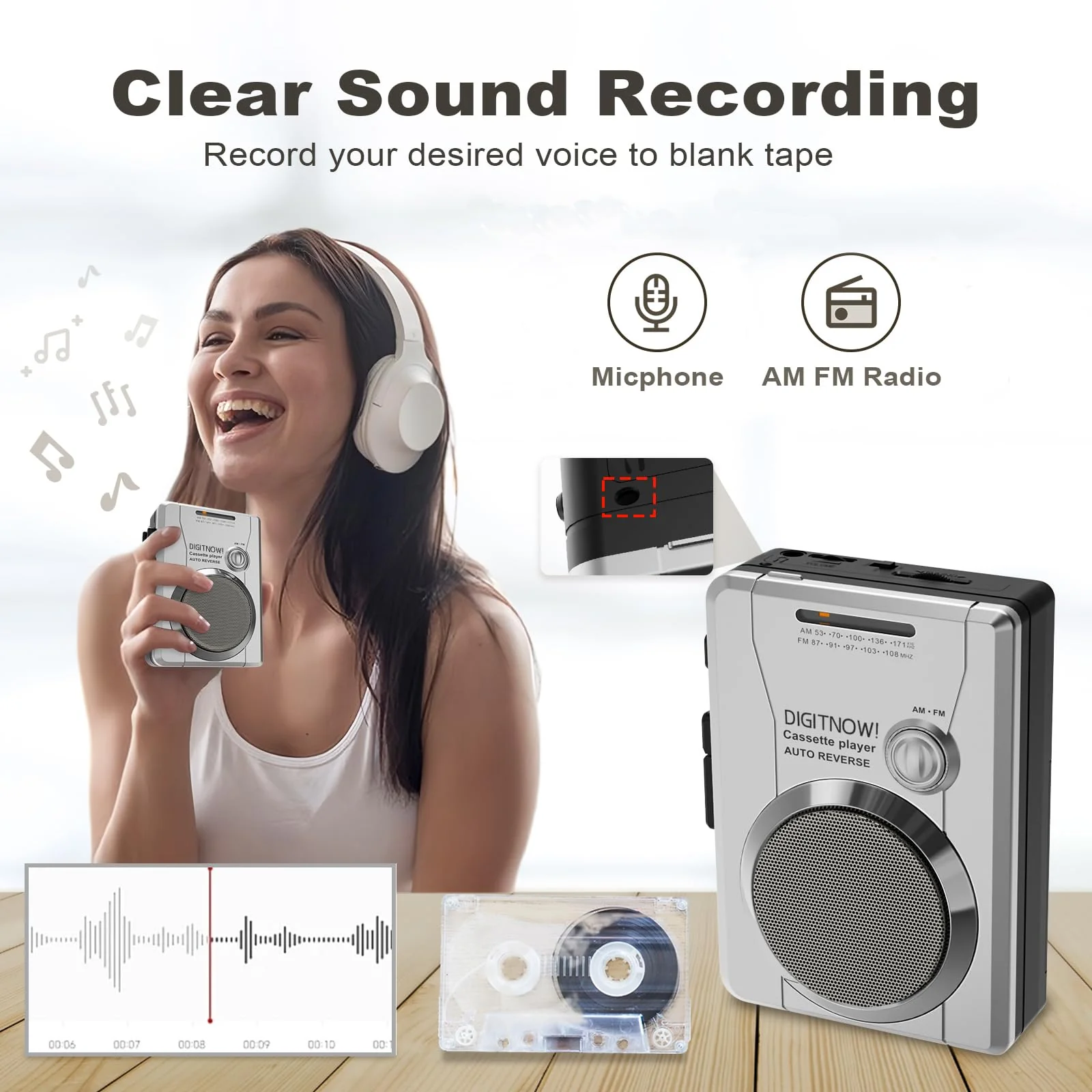 Portable Cassette Tape Player Recorder, Retro AM FM Radio, Compact Cassette Audio Recorder with 3.5MM AUX Jack, Built-in Loud Speaker & Microphone, Auto Reverse, Removable Belt Clip - Image 3
