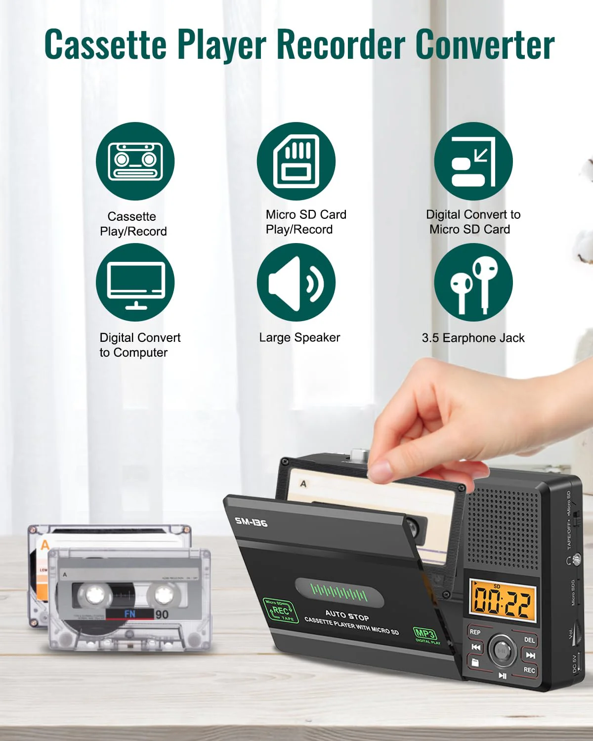 Portable Cassette Tape Player Recorder, Walkman Audio Cassette to Digital Converter via USB C or SD Card, LCD Dispaly, Build-in Microphone, Headphone Jack, Speaker, 16GB SD Card - Image 2