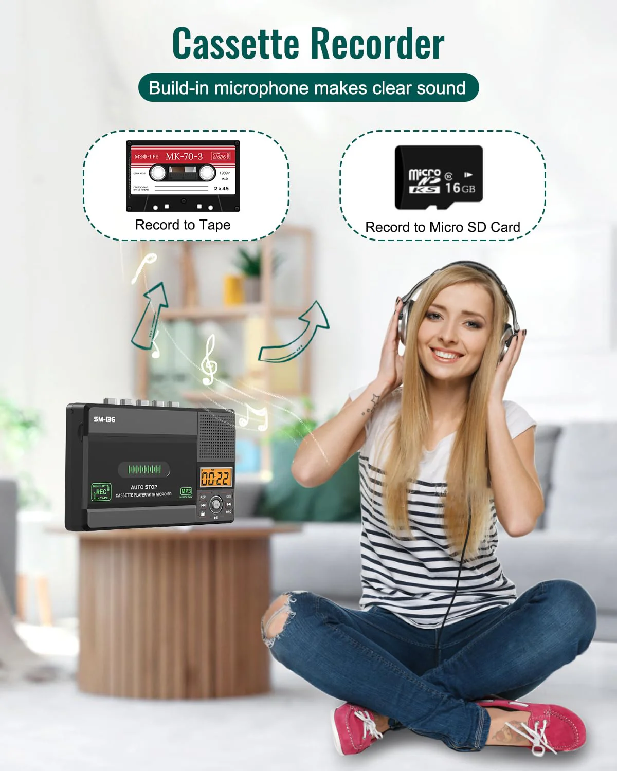 Portable Cassette Tape Player Recorder, Walkman Audio Cassette to Digital Converter via USB C or SD Card, LCD Dispaly, Build-in Microphone, Headphone Jack, Speaker, 16GB SD Card - Image 5