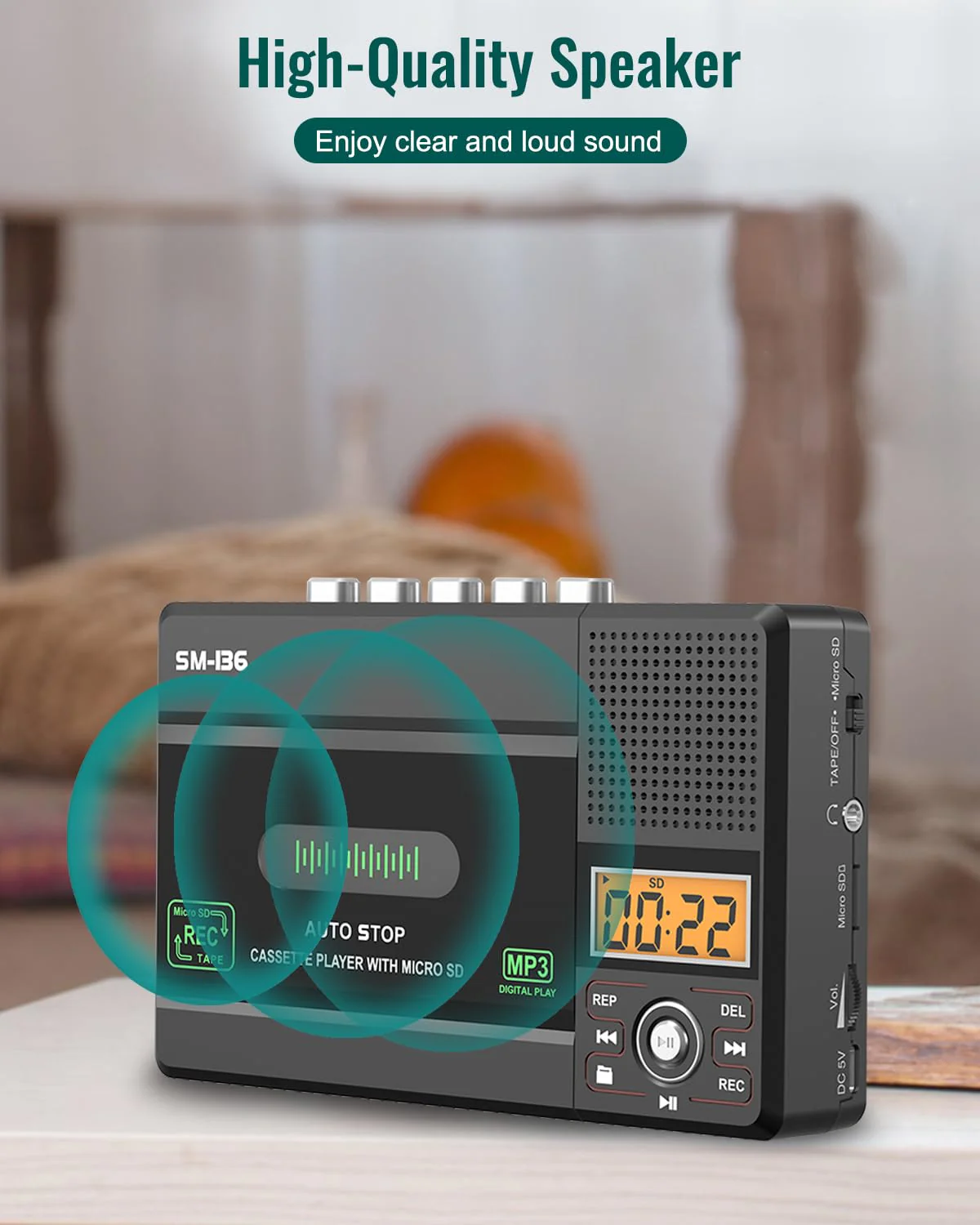 Portable Cassette Tape Player Recorder, Walkman Audio Cassette to Digital Converter via USB C or SD Card, LCD Dispaly, Build-in Microphone, Headphone Jack, Speaker, 16GB SD Card - Image 6