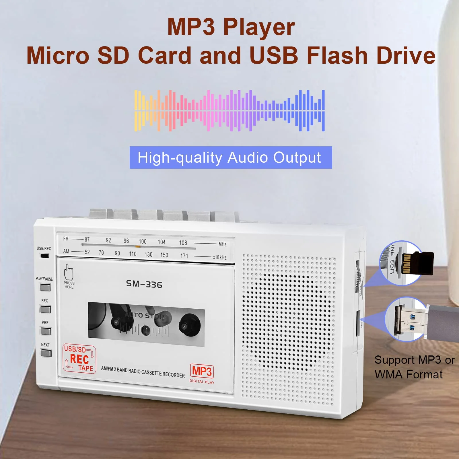 Portable Cassette Tape Player to Digital Converter via USB or SD Card, AM FM Walkman Cassette Tape Recorder Power by DC or AA Battery,Built-in Microphone, Speaker and Headphone Jack - Image 5