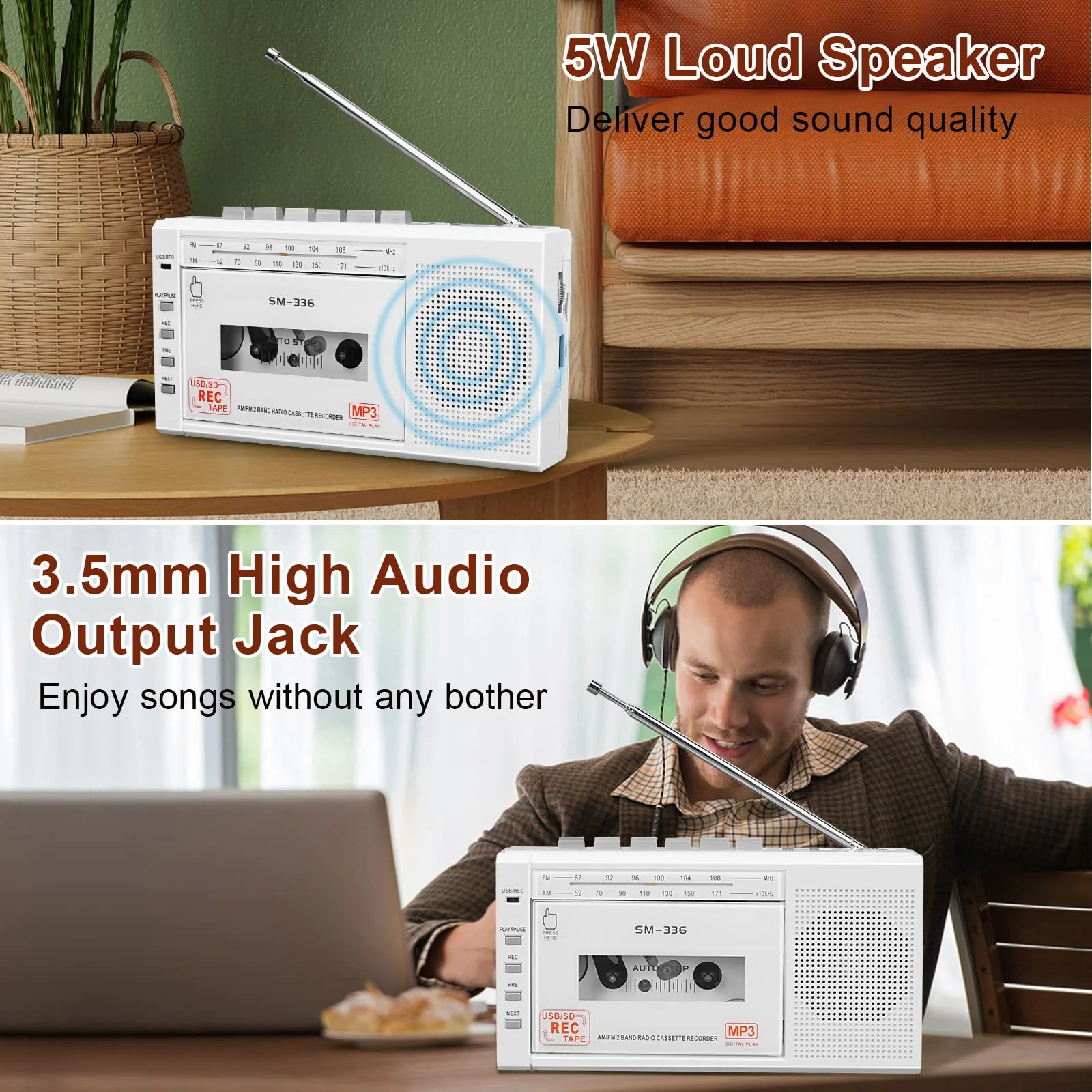 Portable Cassette Tape Player to Digital Converter via USB or SD Card, AM FM Walkman Cassette Tape Recorder Power by DC or AA Battery,Built-in Microphone, Speaker and Headphone Jack - Image 6
