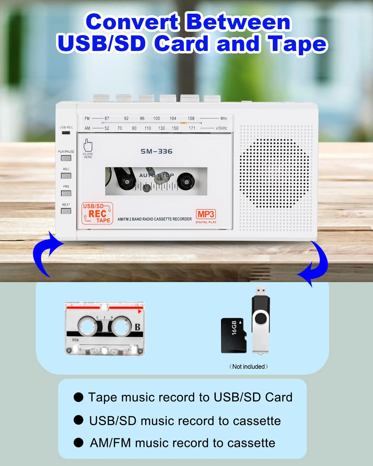 Portable Cassette Tape Player to Digital Converter via USB/SD Card, Record to Cassette/U Disk/SD Card via Mic, Power by AC or AA Battery, Portable Cassette Recorder with Speaker and Headphone Jack White - Image 3