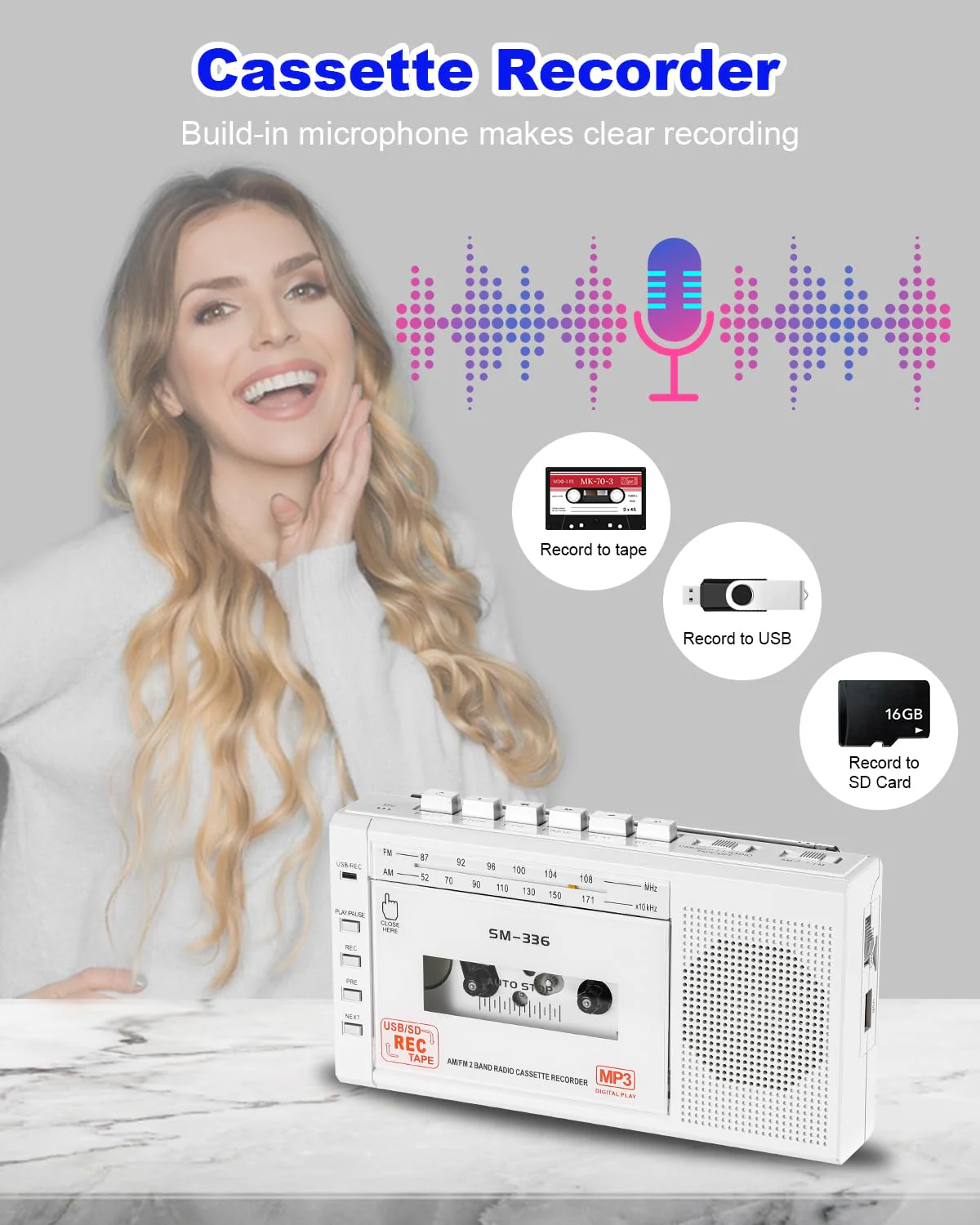 Portable Cassette Tape Player to Digital Converter via USB/SD Card, Record to Cassette/U Disk/SD Card via Mic, Power by AC or AA Battery, Portable Cassette Recorder with Speaker and Headphone Jack White - Image 4