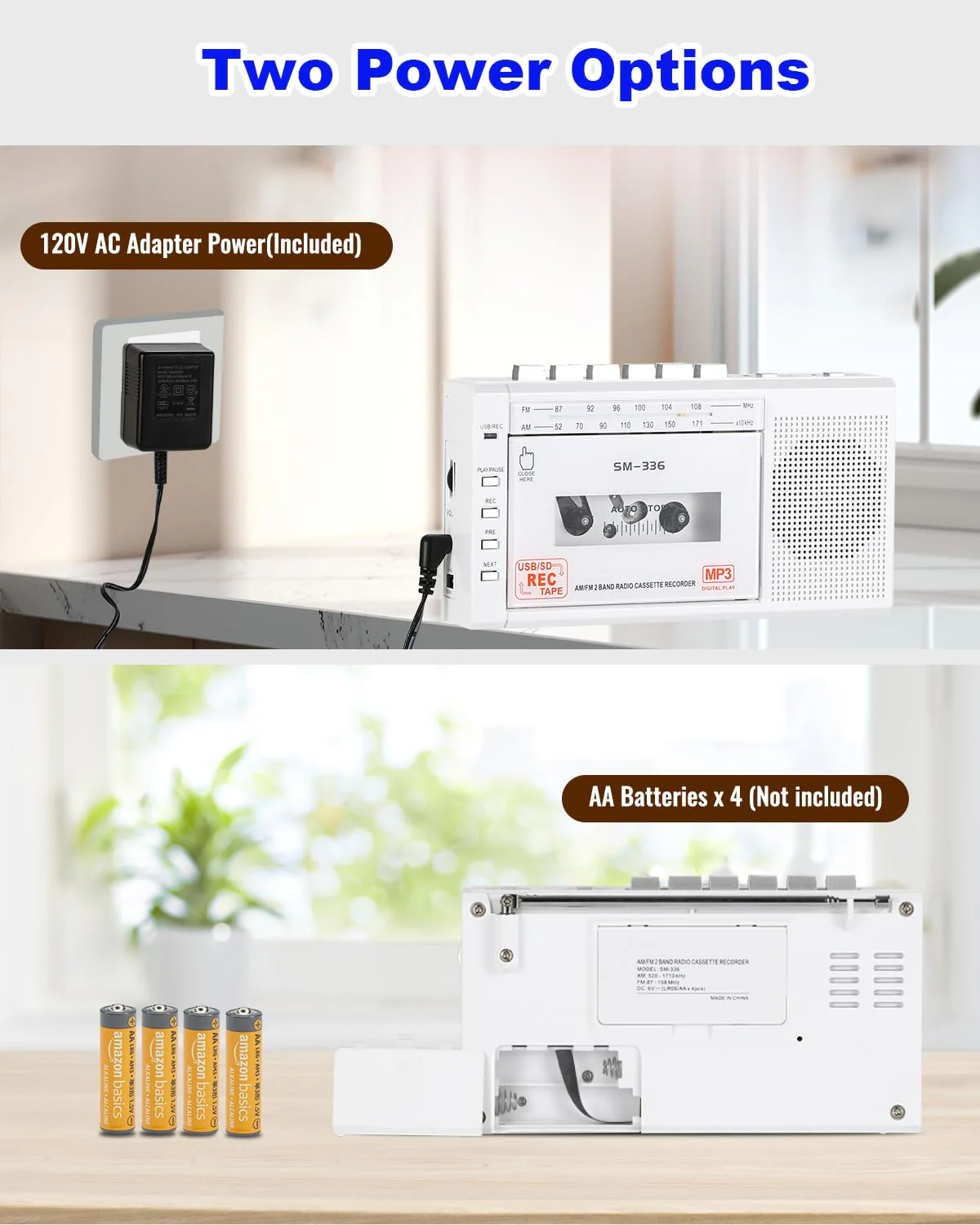 Portable Cassette Tape Player to Digital Converter via USB/SD Card, Record to Cassette/U Disk/SD Card via Mic, Power by AC or AA Battery, Portable Cassette Recorder with Speaker and Headphone Jack White - Image 6