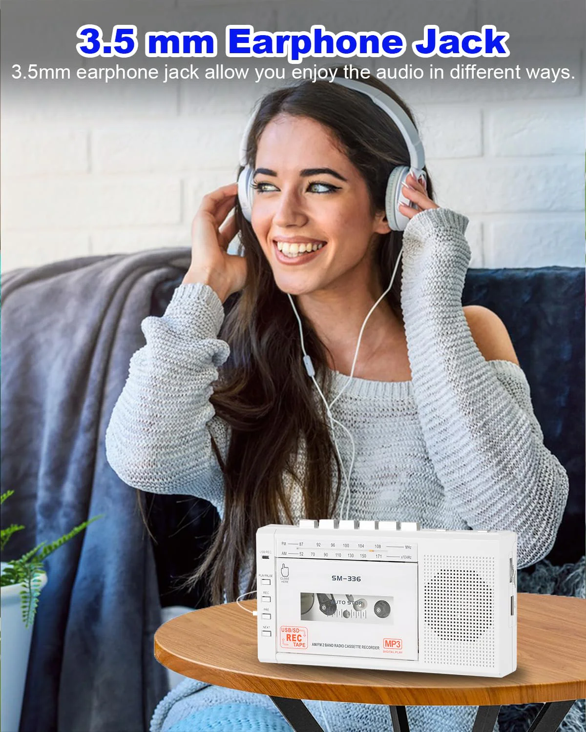 Portable Cassette Tape Player to Digital Converter via USB/SD Card, Record to Cassette/U Disk/SD Card via Mic, Power by AC or AA Battery, Portable Cassette Recorder with Speaker and Headphone Jack White - Image 8