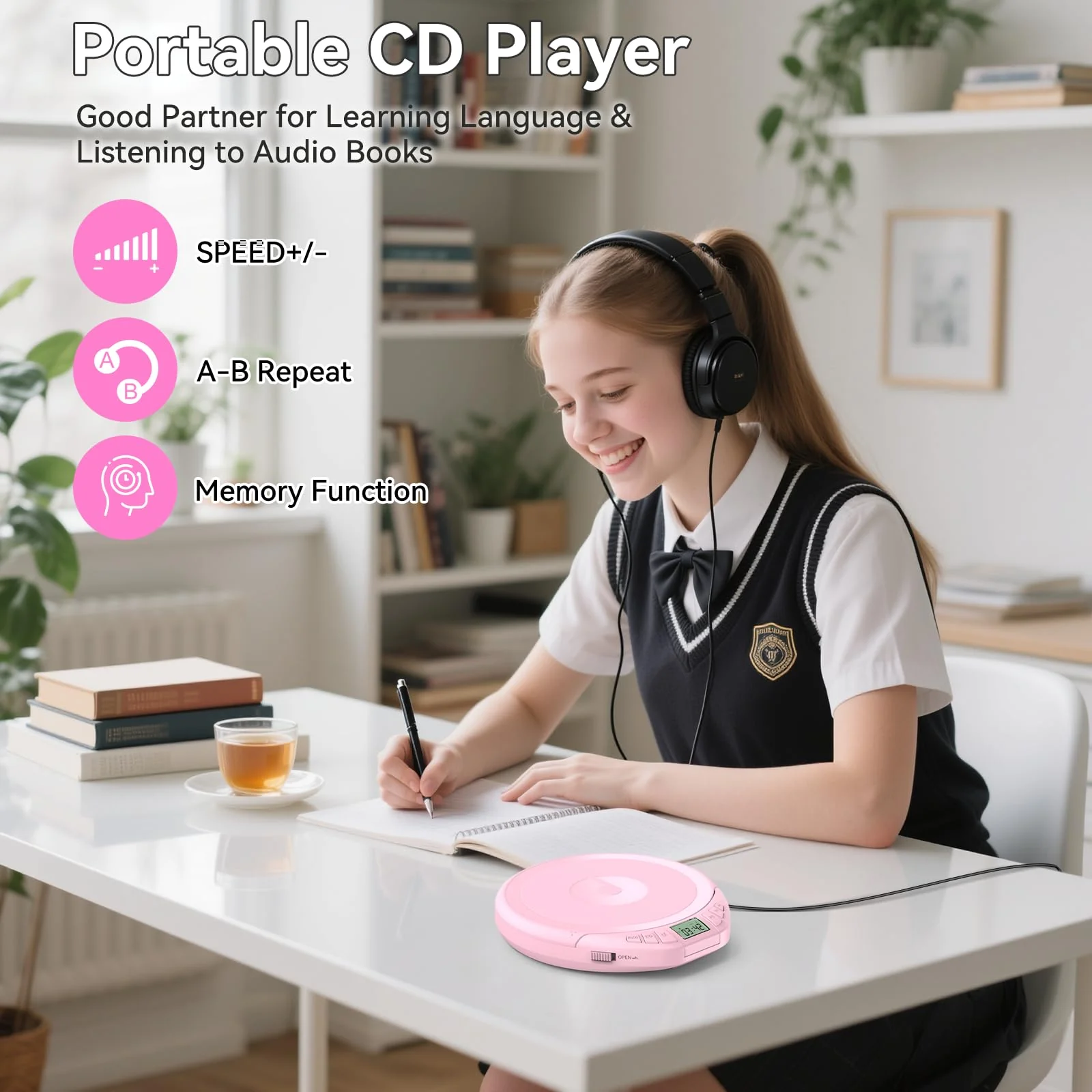 Portable CD Player for Car: Kegaudio with Earphones Anti-Skip LCD Display Personal Disman Disc Player for Car & Sports Supports MP3 WMA PROG & Memory Function Pink - Image 2