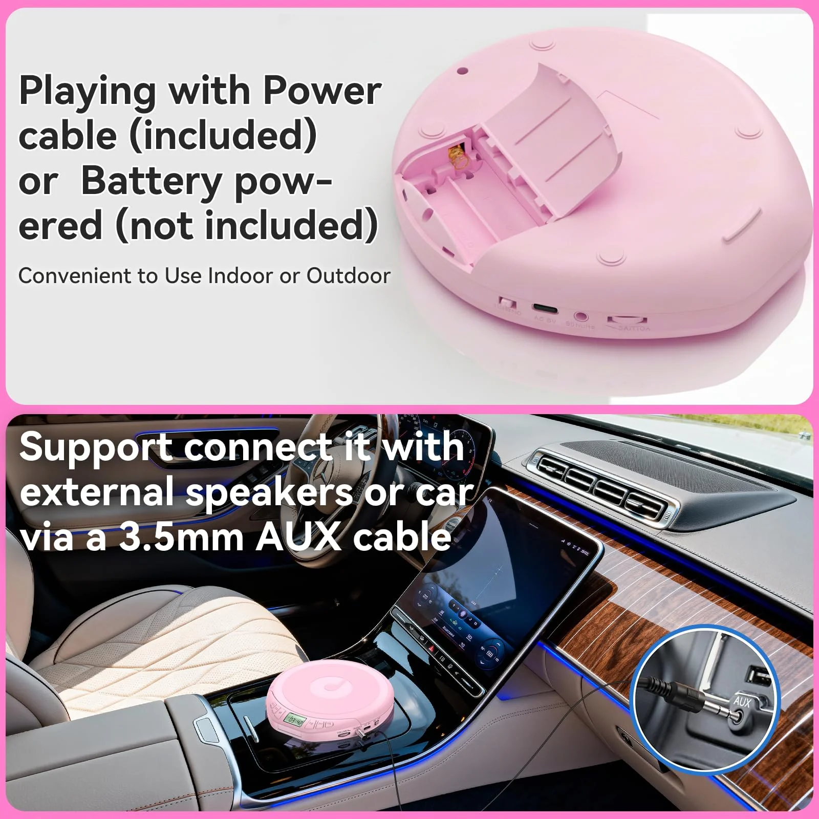 Portable CD Player for Car: Kegaudio with Earphones Anti-Skip LCD Display Personal Disman Disc Player for Car & Sports Supports MP3 WMA PROG & Memory Function Pink - Image 3