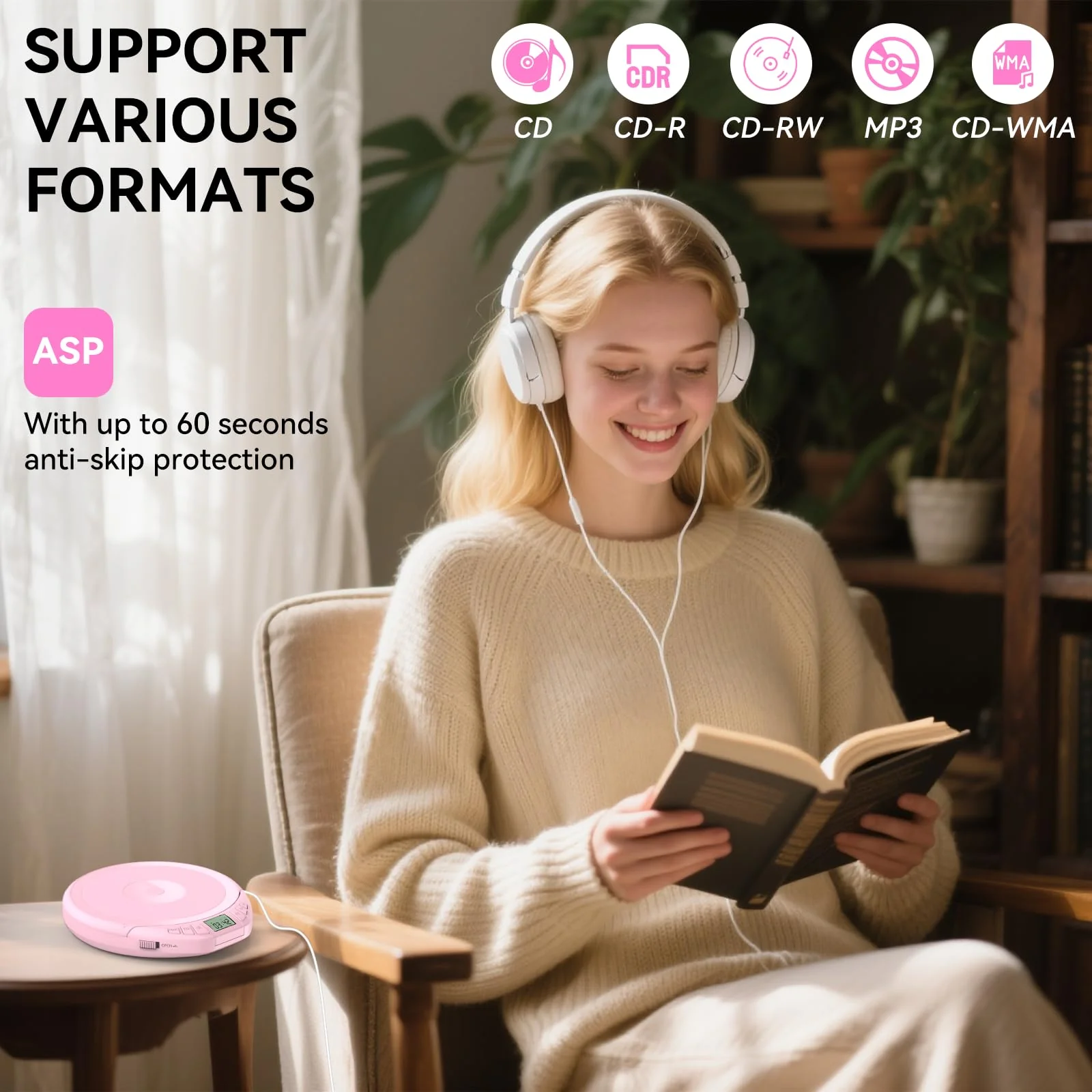 Portable CD Player for Car: Kegaudio with Earphones Anti-Skip LCD Display Personal Disman Disc Player for Car & Sports Supports MP3 WMA PROG & Memory Function Pink - Image 4