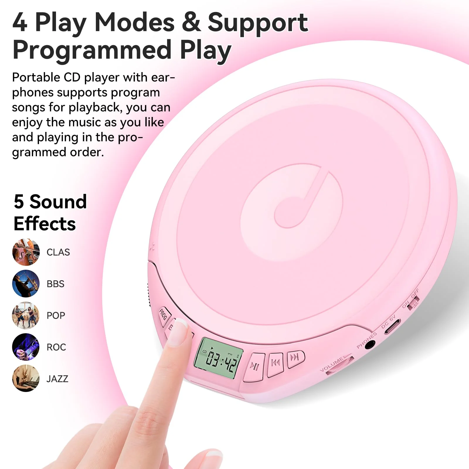Portable CD Player for Car: Kegaudio with Earphones Anti-Skip LCD Display Personal Disman Disc Player for Car & Sports Supports MP3 WMA PROG & Memory Function Pink - Image 5