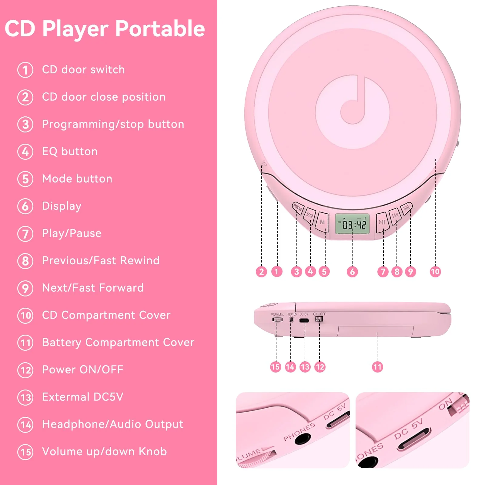 Portable CD Player for Car: Kegaudio with Earphones Anti-Skip LCD Display Personal Disman Disc Player for Car & Sports Supports MP3 WMA PROG & Memory Function Pink - Image 6