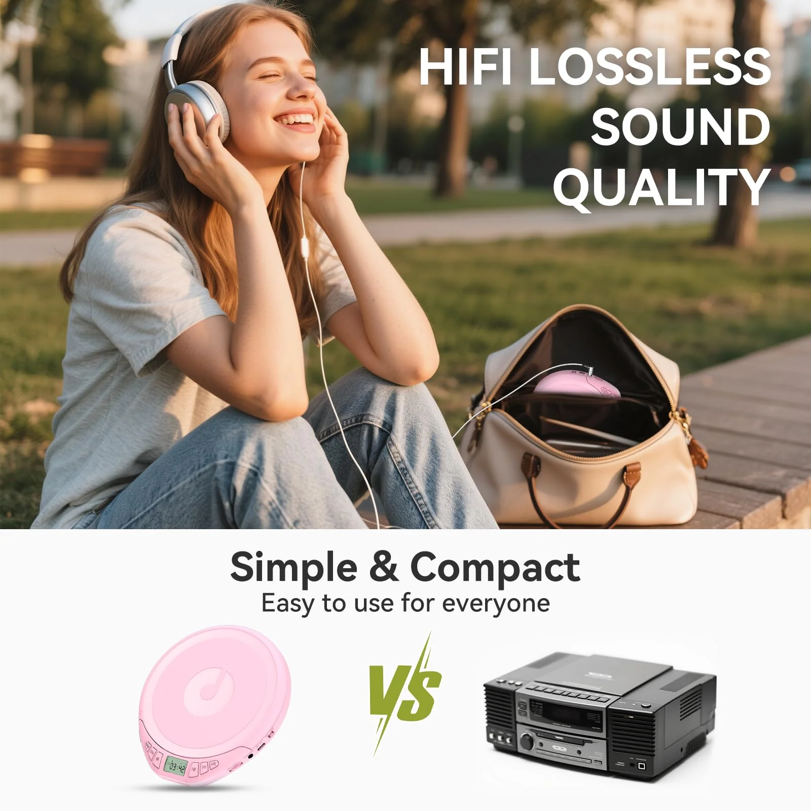 Portable CD Player for Car: Kegaudio with Earphones Anti-Skip LCD Display Personal Disman Disc Player for Car & Sports Supports MP3 WMA PROG & Memory Function Pink - Image 7