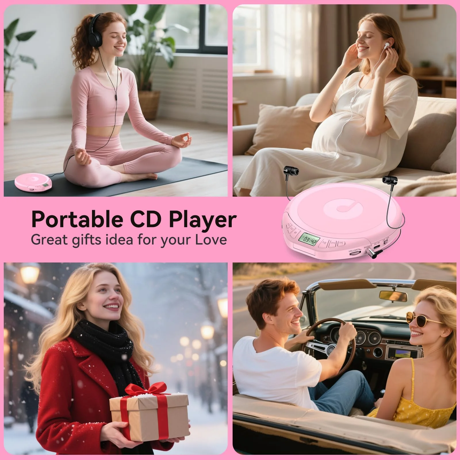 Portable CD Player for Car: Kegaudio with Earphones Anti-Skip LCD Display Personal Disman Disc Player for Car & Sports Supports MP3 WMA PROG & Memory Function Pink - Image 8