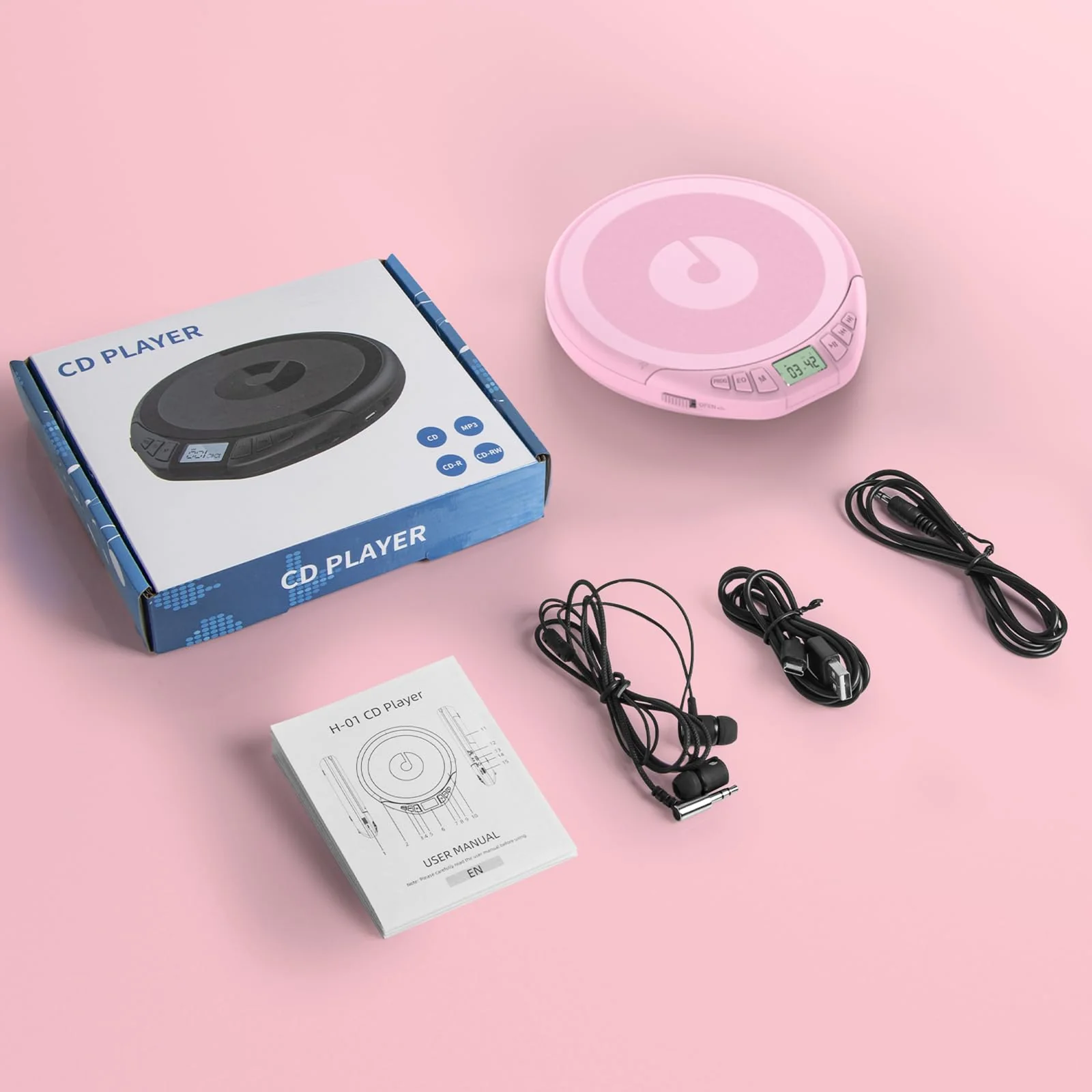 Portable CD Player for Car: Kegaudio with Earphones Anti-Skip LCD Display Personal Disman Disc Player for Car & Sports Supports MP3 WMA PROG & Memory Function Pink - Image 9