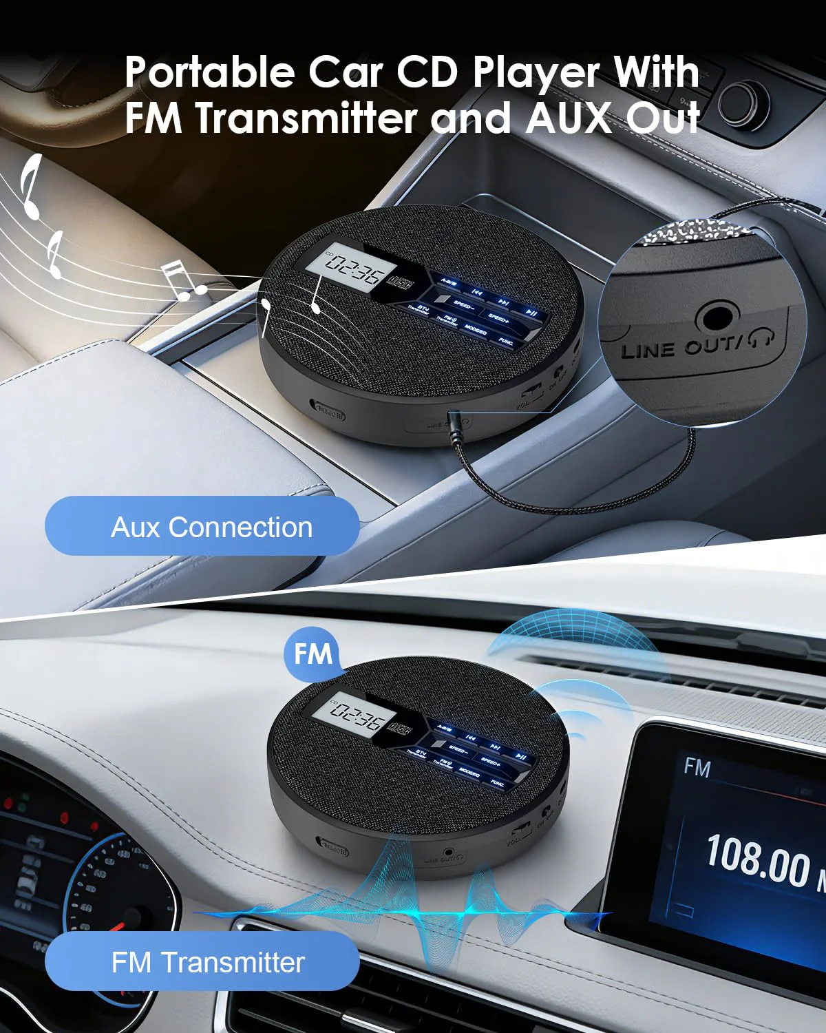 Portable CD Player for Car with FM Transmitter, Rechargeable Small CD Player with Bluetooth & Dual Speakers for Home, Anti-Skip, Resume Playback, AUX/USB, Backlit LCD Display, Headphones - Image 3