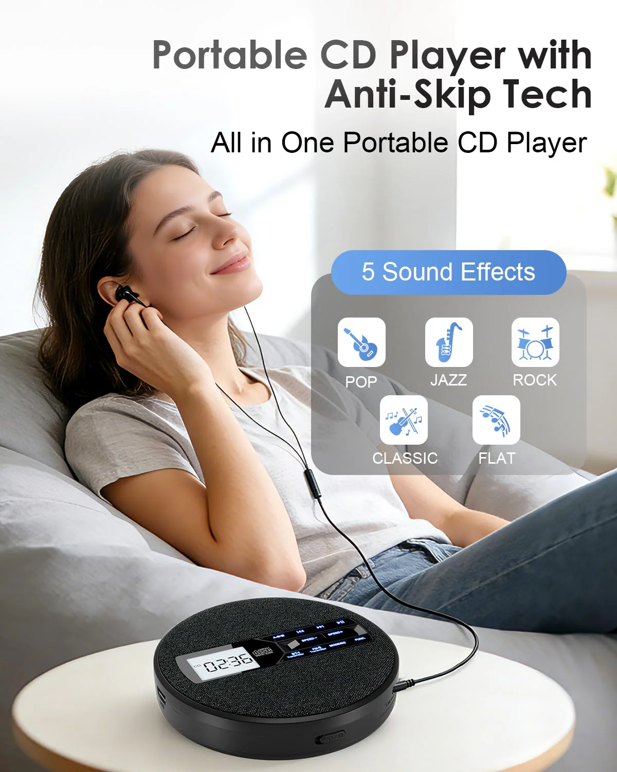 Portable CD Player for Car with FM Transmitter, Rechargeable Small CD Player with Bluetooth & Dual Speakers for Home, Anti-Skip, Resume Playback, AUX/USB, Backlit LCD Display, Headphones - Image 4