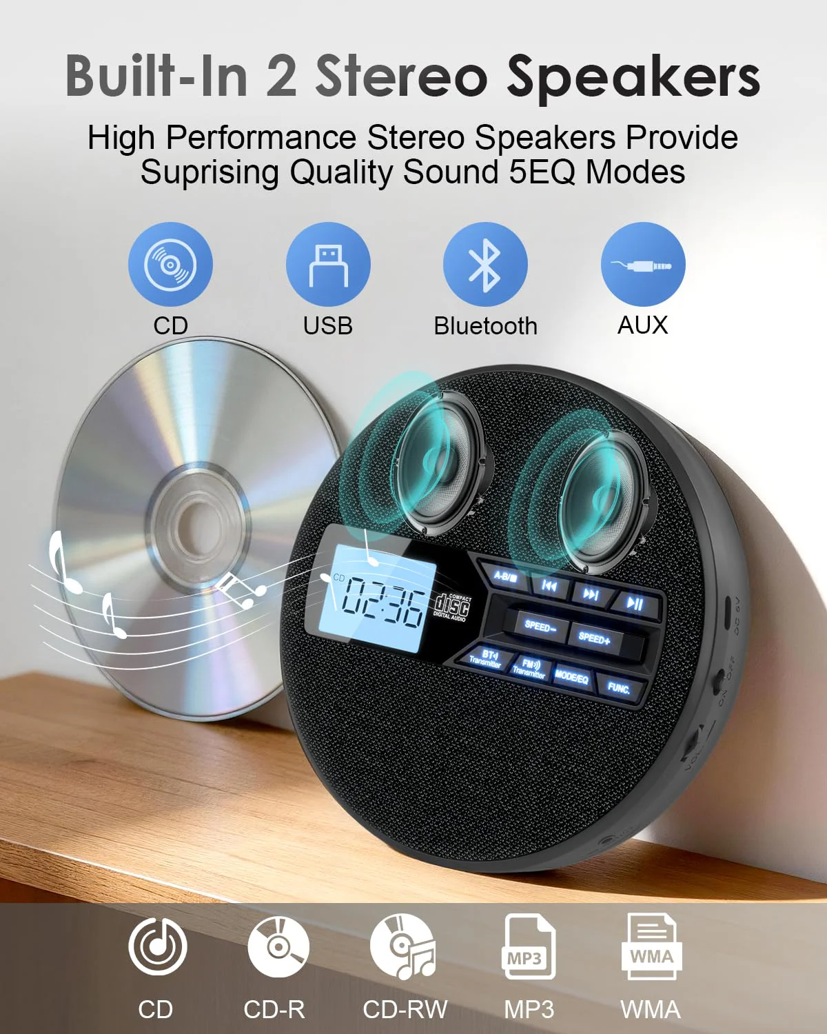Portable CD Player for Car with FM Transmitter, Rechargeable Small CD Player with Bluetooth & Dual Speakers for Home, Anti-Skip, Resume Playback, AUX/USB, Backlit LCD Display, Headphones - Image 6
