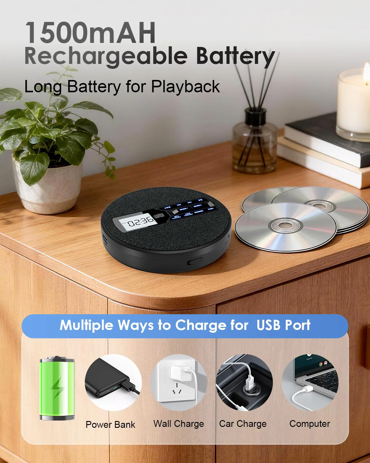 Portable CD Player for Car with FM Transmitter, Rechargeable Small CD Player with Bluetooth & Dual Speakers for Home, Anti-Skip, Resume Playback, AUX/USB, Backlit LCD Display, Headphones - Image 7
