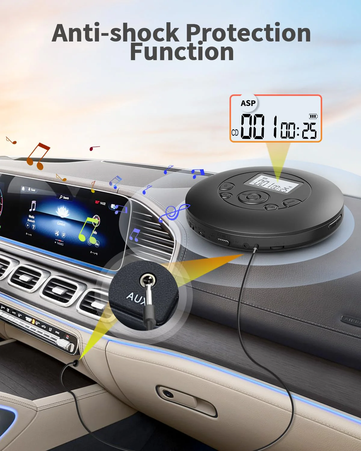 Portable CD Player for Home & Car-Rechargeable Discman CD Player with Anti-Skip, Large Backlit Screen, AUX Cable and Headphones, Supports CD/MP3/WMA/TF Card Black - Image 5