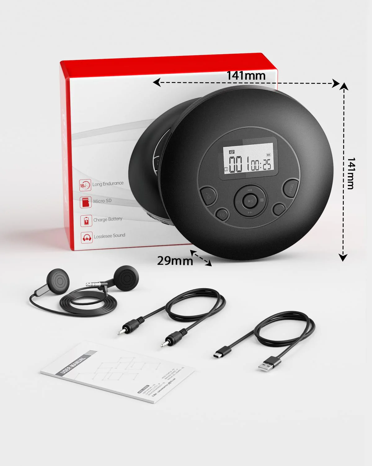 Portable CD Player for Home & Car-Rechargeable Discman CD Player with Anti-Skip, Large Backlit Screen, AUX Cable and Headphones, Supports CD/MP3/WMA/TF Card Black - Image 8