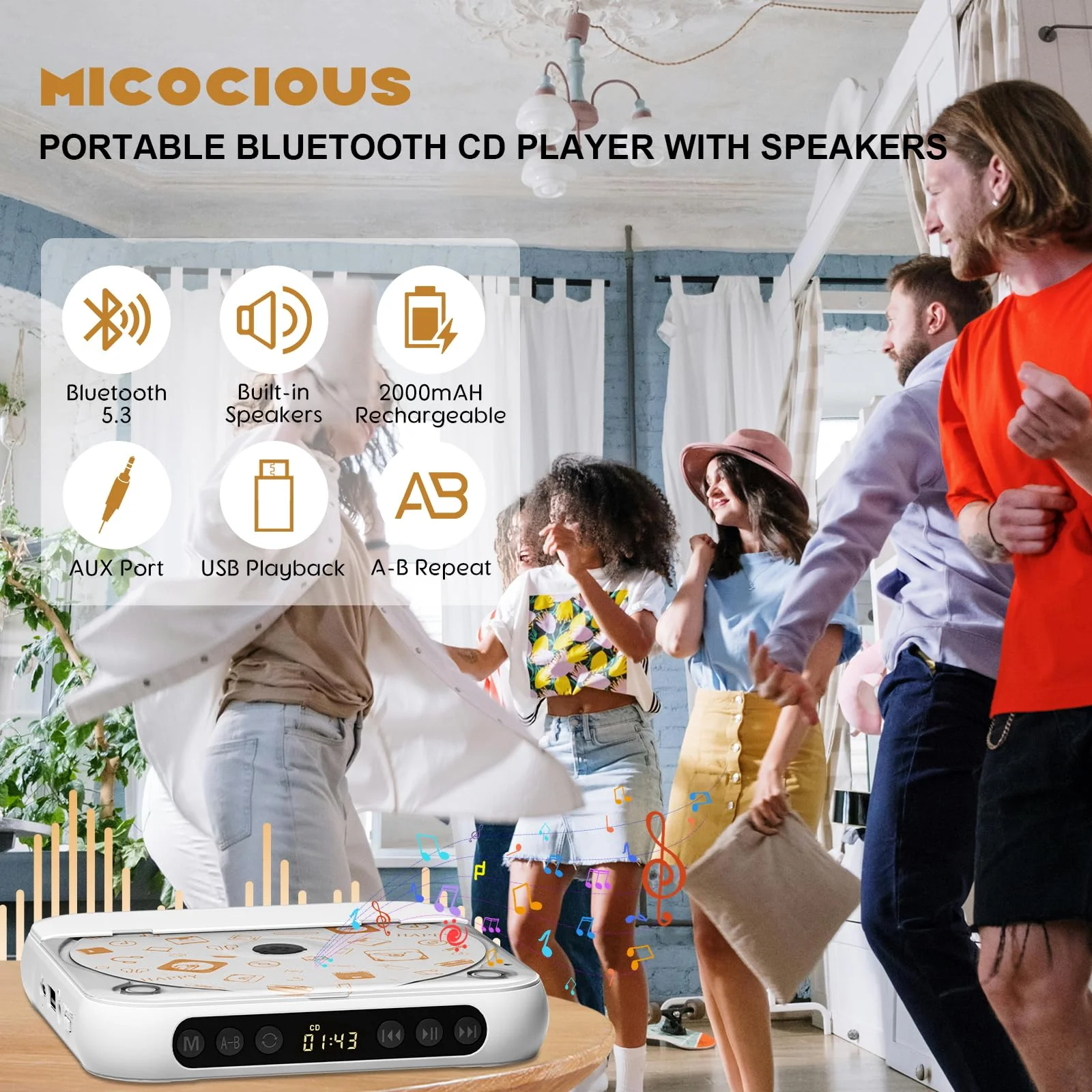 Portable CD Player, Personal CD Player with Bluetooth for Home, Rechargeable Small CD Player with Headphones,Built-in HiFi Speakers, Support CD/AUX/USB, Anti-Skip/Shockproof - Image 2