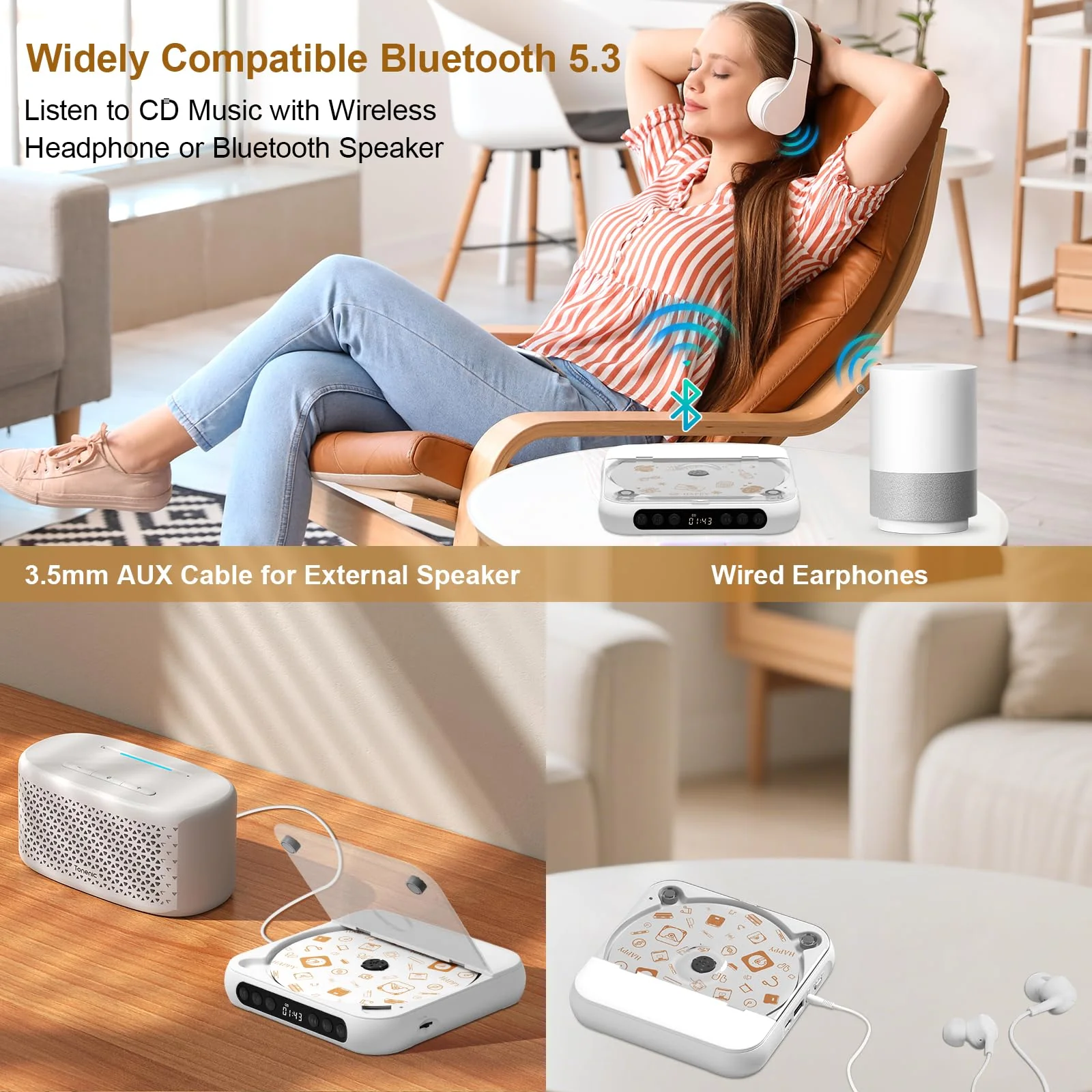 Portable CD Player, Personal CD Player with Bluetooth for Home, Rechargeable Small CD Player with Headphones,Built-in HiFi Speakers, Support CD/AUX/USB, Anti-Skip/Shockproof - Image 3