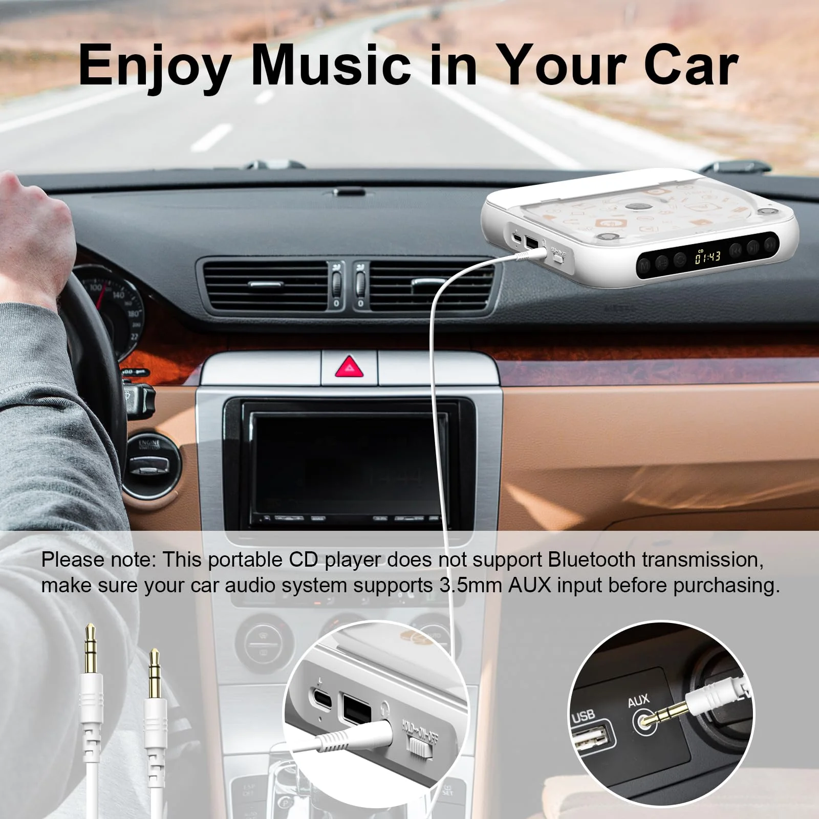 Portable CD Player, Personal CD Player with Bluetooth for Home, Rechargeable Small CD Player with Headphones,Built-in HiFi Speakers, Support CD/AUX/USB, Anti-Skip/Shockproof - Image 4